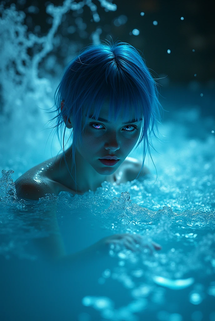 (hight resolution,masutepiece:1.2),Ultra-detailed,(Realistic:1.37), LiquidHair, blue mucus floating around, slime girl, covered in blue slime, (partially transparent), (Wet with water), (blue sweat), Slimy blue liquid dripping from her body. Her hair is also covered in blue slime. blue slime scatters, (Blue bob cut hair), blue eyes
