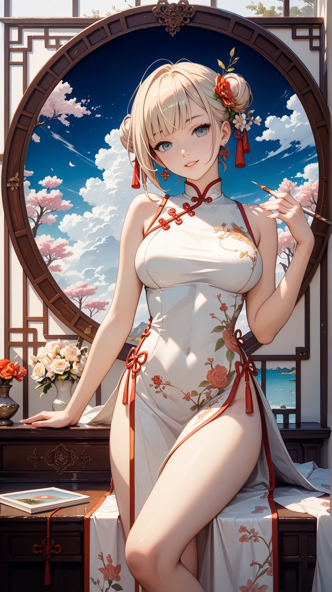 (masterpiece,highest quality,超A high resolution),Japanese women, (((Very beautiful 18 year old girl))), pretty girl、Look at the photographer、 ((Beautiful blonde bob hair)), Very cute face, Glossy Lips, Double eyelids on both eyes, blue eyes, Natural smile、 Natural Makeup, Long eyelashes, Shiny and smooth hair、Center image, Perfect limbs, Perfect Anatomy,(((Shiny Chinese Dress white panties))),Show panties、Bite、Streaks are visible、Wet with sweat,Cowboy Shot,Sit on a chair、Show your armpits