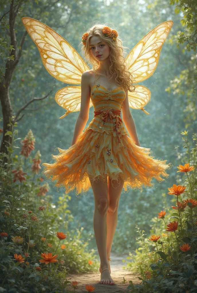 Perfect centering, Fantastic Beams Fantastic Black Gold, happiness, Standing position, abstract beauty, centered, Looking at the camera,A beautiful fairy, holographic and iridescent wings, in a fantasy garden, (best quality, 4k, 8k, high resolution , masterpiece: 1.2), ultra-detailed, (realistic, photorealistic, photorealistic: 1.37), HDR, UHD, Facing the viewer, approaching perfection, dynamic, highly detailed, seeds, sharp focus, 8k, high resolution, illustration, Flesh art Griffiths and Wadim Kashin, orange beams, pastel beams, realistic face.