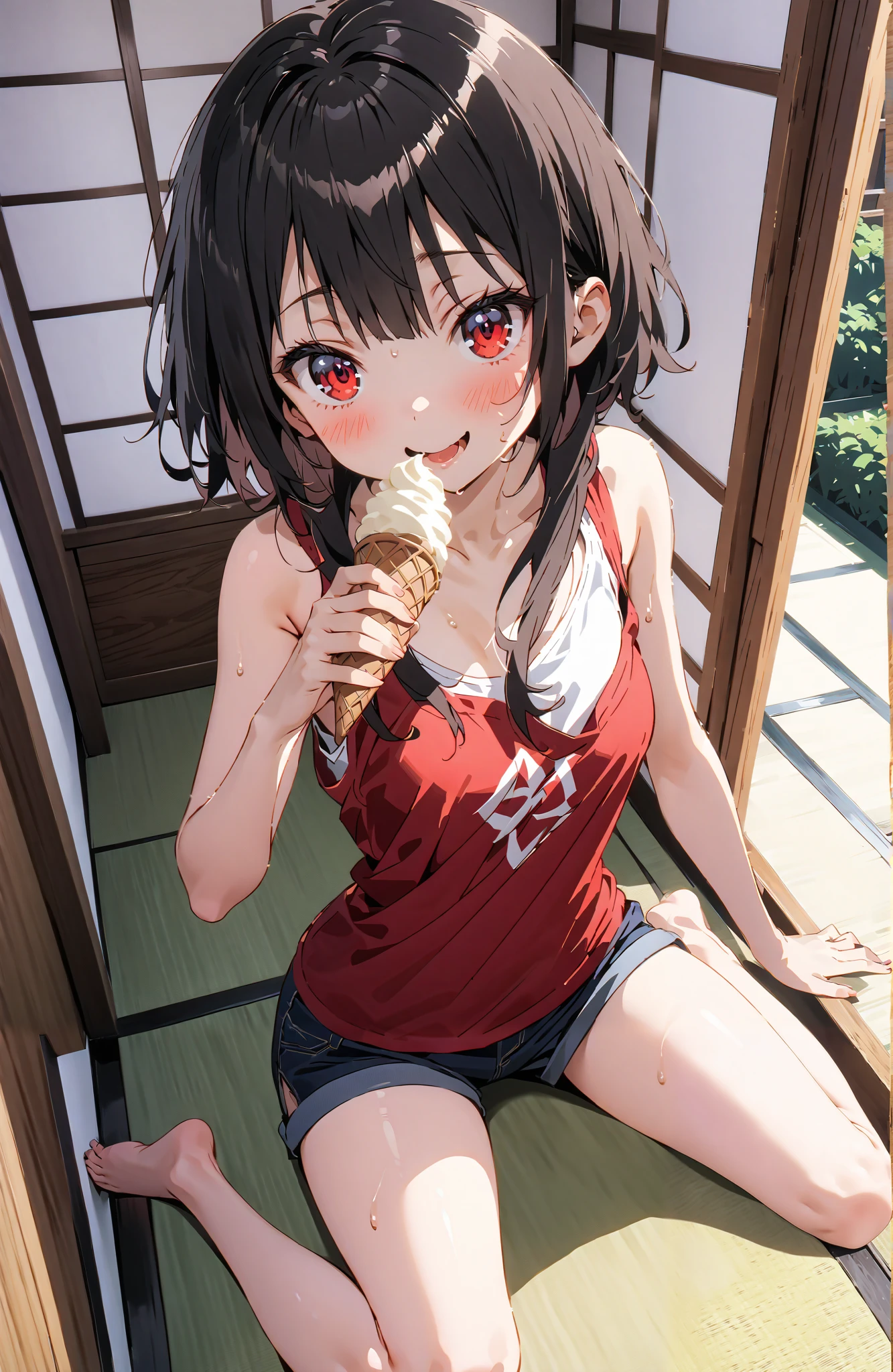 score_9, score_8_up, score_7_up,  source_anime,
konosubaMegumin, Megumin, short hair, black hair, red eyes, short hair with long locks,smile,blushes,open their mouths,Loose tank top,denim micro shorts
,Bare legs,Holding soft serve ice cream with one hand,eating soft serve ice cream,sweat, sitting on the veranda,tatami,Japanese-style room,noon,sweat,Japanese Garden,full bodyがイラストに入るように,break indoors,縁側,
break looking at viewer,full body,
break (masterpiece:1.2),top quality , kampala, Unity 8K Wallpaper ,(shape:0.8),(  fine, beautiful eyes  :1.6),It's a person ,full body写真,CG Details , (perfect hands,complete anatomy),