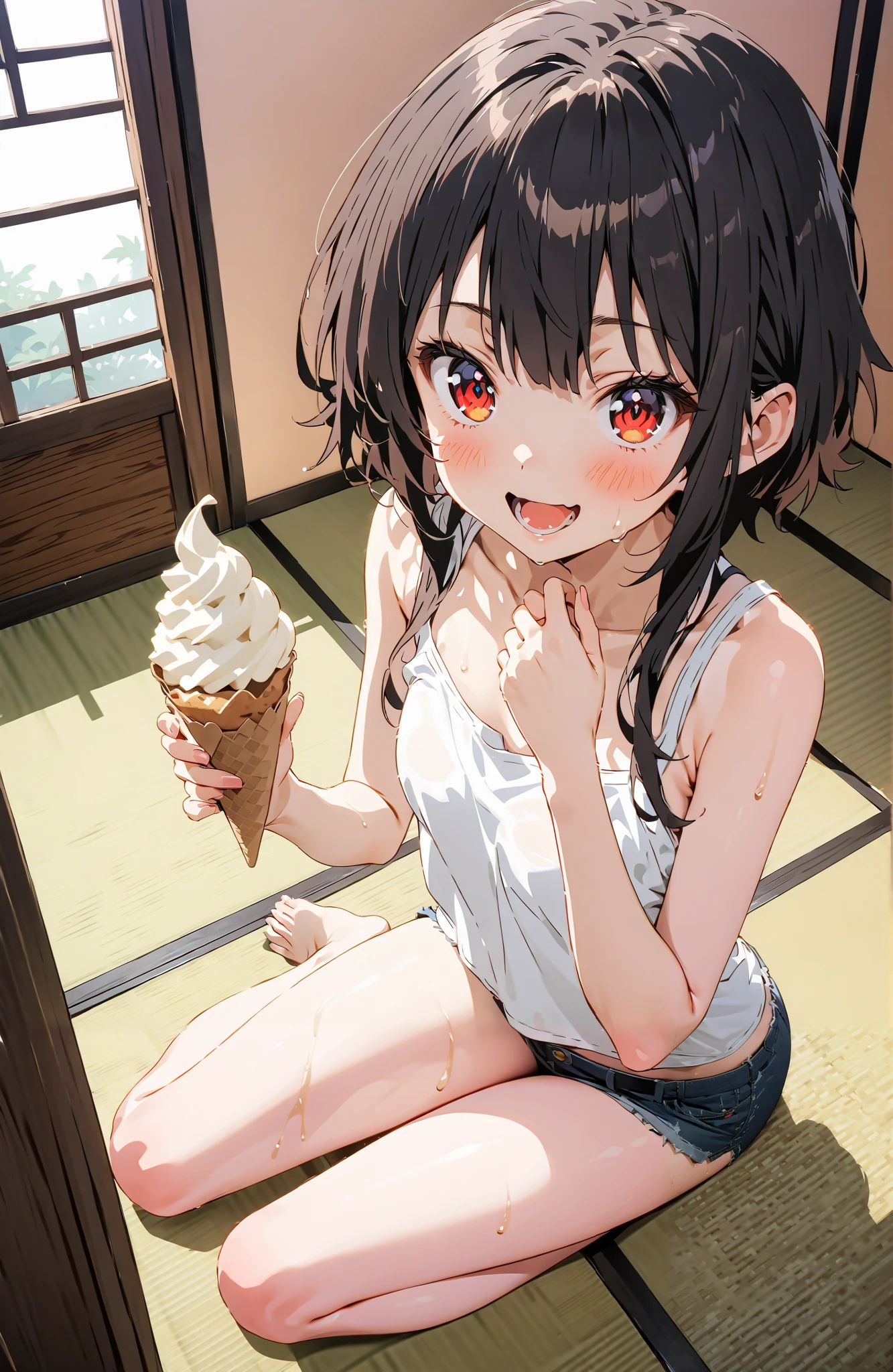 score_9, score_8_up, score_7_up, source_anime,
konosubaMegumin, Megumin, short hair, black hair, red eyes, short hair with long locks,smile,blushes,open their mouths,Loose tank top,denim micro shorts
,Bare legs,Holding soft serve ice cream with one hand,eating soft serve ice cream,sweat, sitting on the veranda,tatami,Japanese-style room,noon,sweat,Japanese Garden,full bodyがイラストに入るように,break indoors,縁側,
break looking at viewer,full body,
break (masterpiece:1.2),top quality , kampala, Unity 8K Wallpaper ,(shape:0.8),( fine, beautiful eyes :1.6),It's a person ,full body写真,CG Details , (perfect hands,complete anatomy),