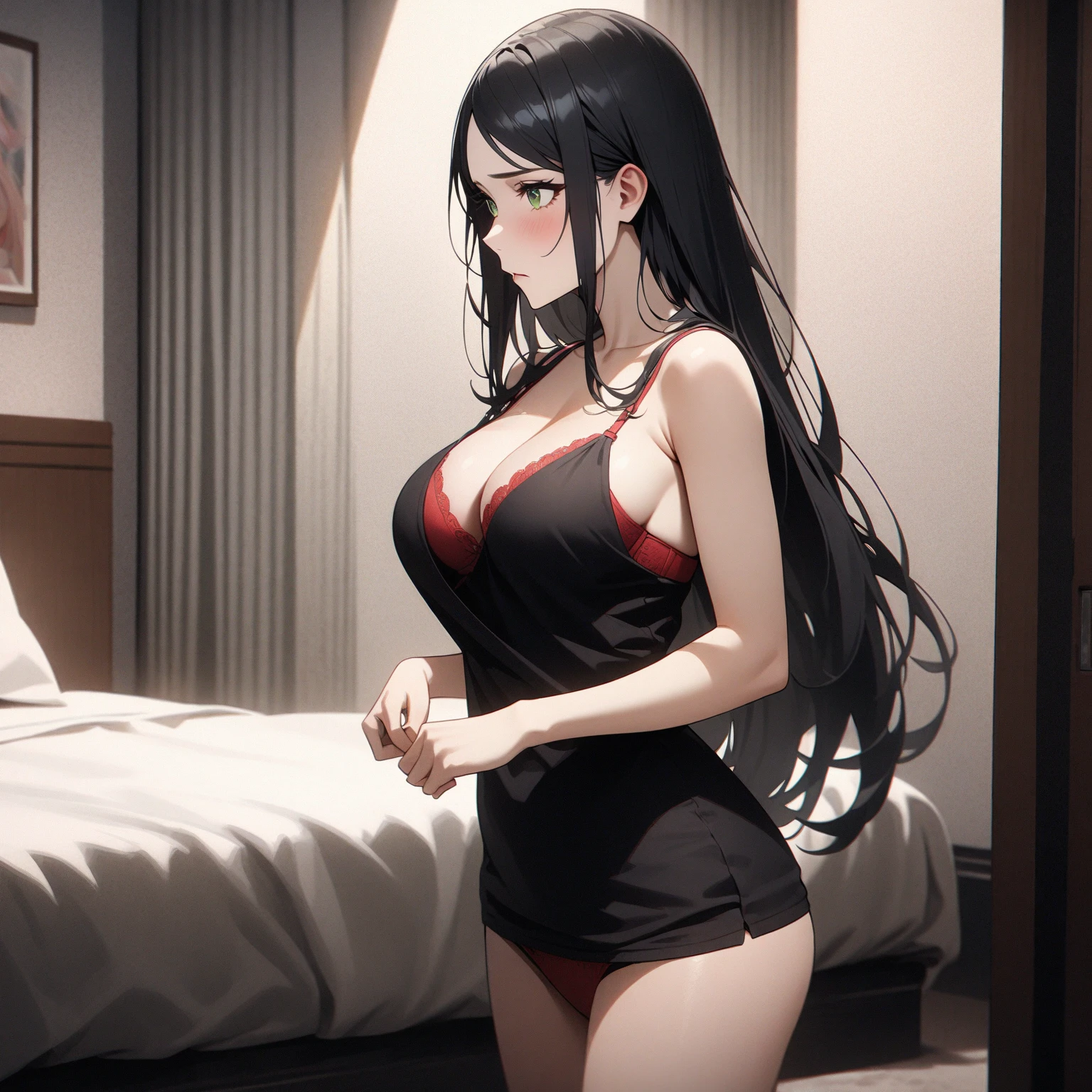 Dark, Romantic, ((Curvy Girl)), ((In the Bed)), Black Hair, ((Submissive)), Tied, Excited, High Details, HD, High Resolution, Masterpiece, 4K