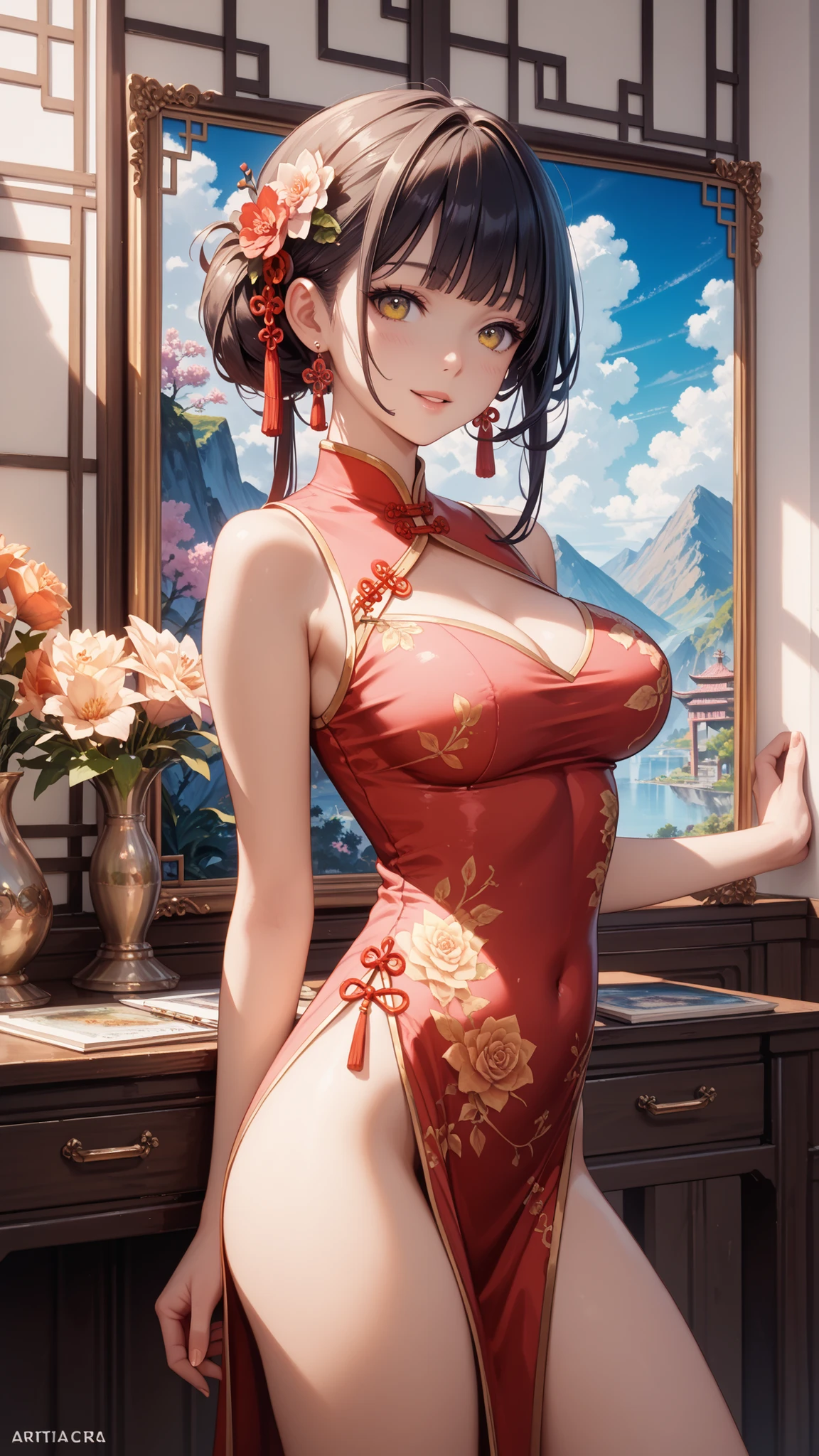 (score_9, score_8_up, score_7_up, score_6_up, score_5_up, score_4_up), masterpiece, best quality, high_resolution, 8k, UHD, 1girl, detailed, extremely detailed, best anatomy, (large breasts), (twintail), short hair, short twintail, brown hair, orange eyes, indoor, in room, chinese dress, chinese clothes, flat expression,  red chinese dress, red clothes, sleeveless, seductive look, lustful eyes, nude, naked, nipples, ((pussy)), opened clothes, 