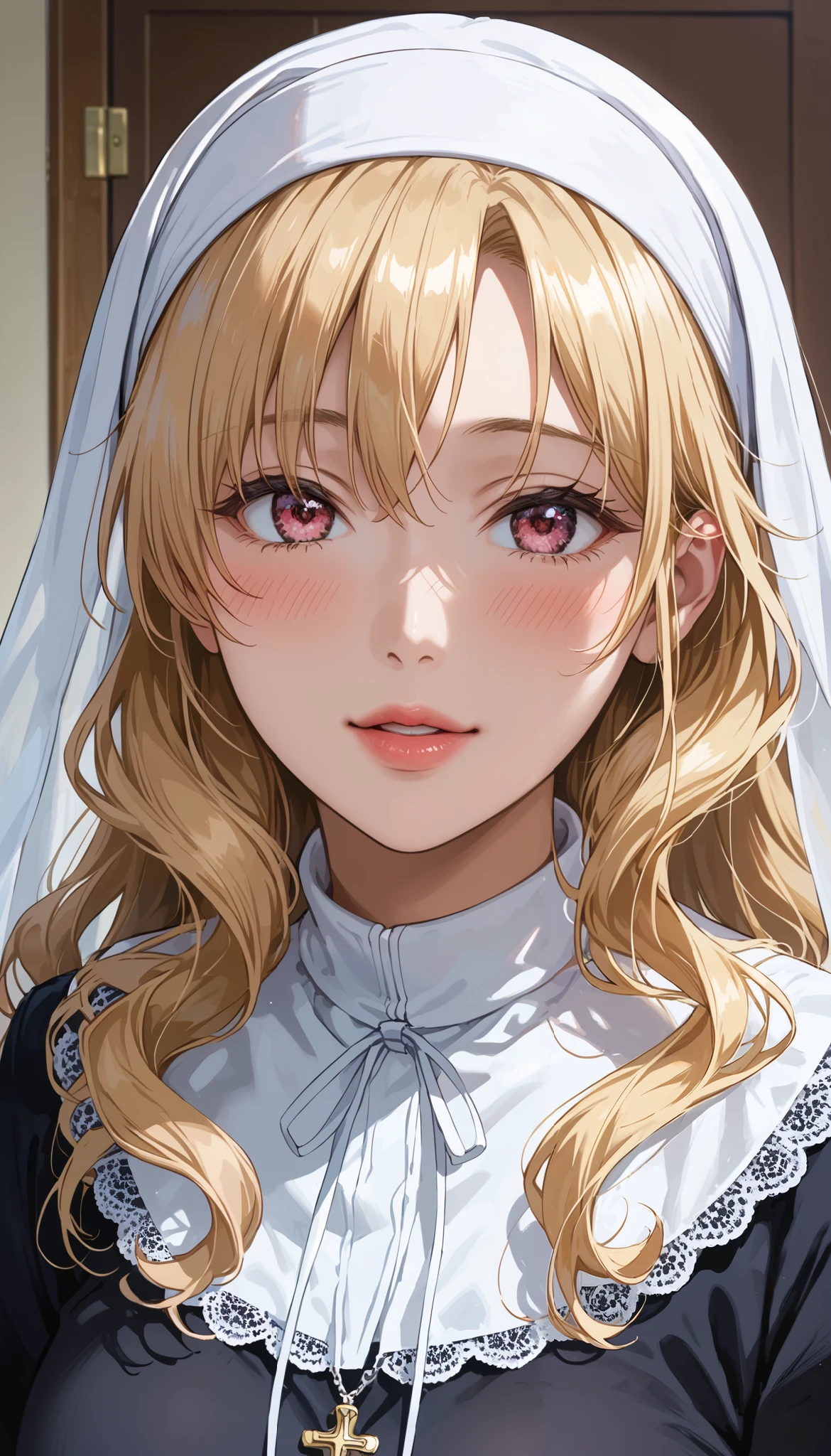 This is extremely detailed , Digital illustration of a young provocative woman in a nun outfit, black cross drawn on plump lips , フォトリアリスティックなスタイルin. The subject is a light-skinned woman with a pale complexion , length, Wavy blonde hair peeking out from under a black and white nun outfit. she's eye-catching , almond-shaped eyes , full, in飾られています。濃いアイライナーinソフトピンク . 彼女のメイクは劇的inす, Apply 、突き刺すような赤い色合いのマスカラApply ました , in、 rose-colored blush on her cheeks . She is white, lace ornament, x} Large胸を際立たせる黒革のコルセット , conspicuous . コルセットは精巧なレースのディテールin飾られており、Large, with ornate cross pendant 。. white head scarf , Super realistic , covers the head 、髪を完全に隠すわけinはありません .( Raised Eyebrows :1.5)、 disgusting face、(petty laugh:1.3)
