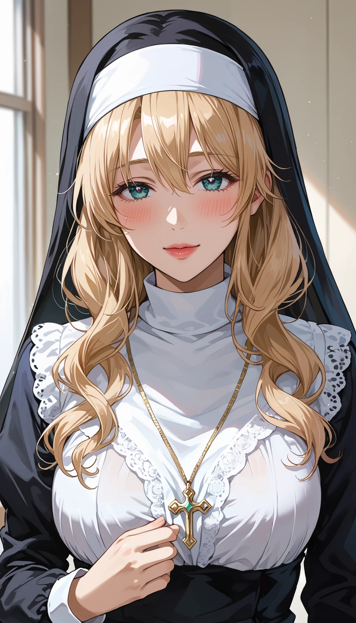 This is extremely detailed , Digital illustration of a young provocative woman in a nun outfit, black cross drawn on plump lips , フォトリアリスティックなスタイルin. The subject is a light-skinned woman with a pale complexion , length, Wavy blonde hair peeking out from under a black and white nun outfit. she's eye-catching , almond-shaped eyes , full, in飾られています。濃いアイライナーinソフトピンク . 彼女のメイクは劇的inす, Apply 、突き刺すような赤い色合いのマスカラApply ました , in、 rose-colored blush on her cheeks . She is white, lace ornament, x} Large胸を際立たせる黒革のコルセット , conspicuous . コルセットは精巧なレースのディテールin飾られており、Large, with ornate cross pendant 。. white head scarf , Super realistic , covers the head 、髪を完全に隠すわけinはありません .( Raised Eyebrows :1.5)、 disgusting face、(petty laugh:1.3)