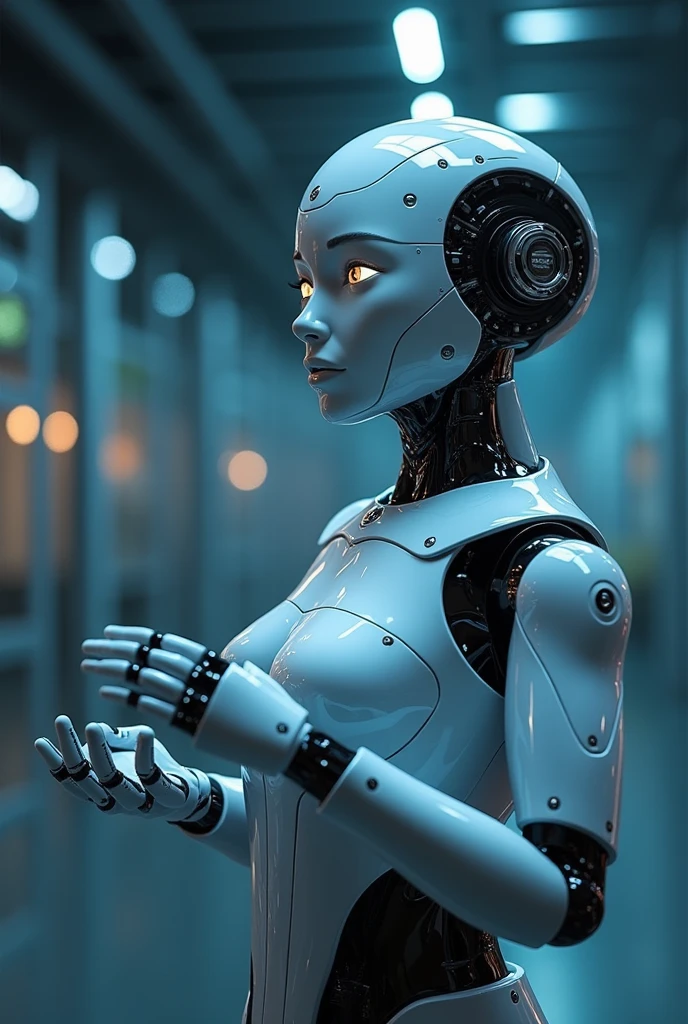 a portrait of robot woman in garage at night, science_fiction