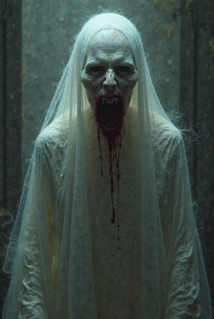 a white ghost with 4 hands, the hands are coming towards the front, the body is floating, the eyes are big and black, the mouth is open wide, it has some spots of blood in the corner of the mouth
