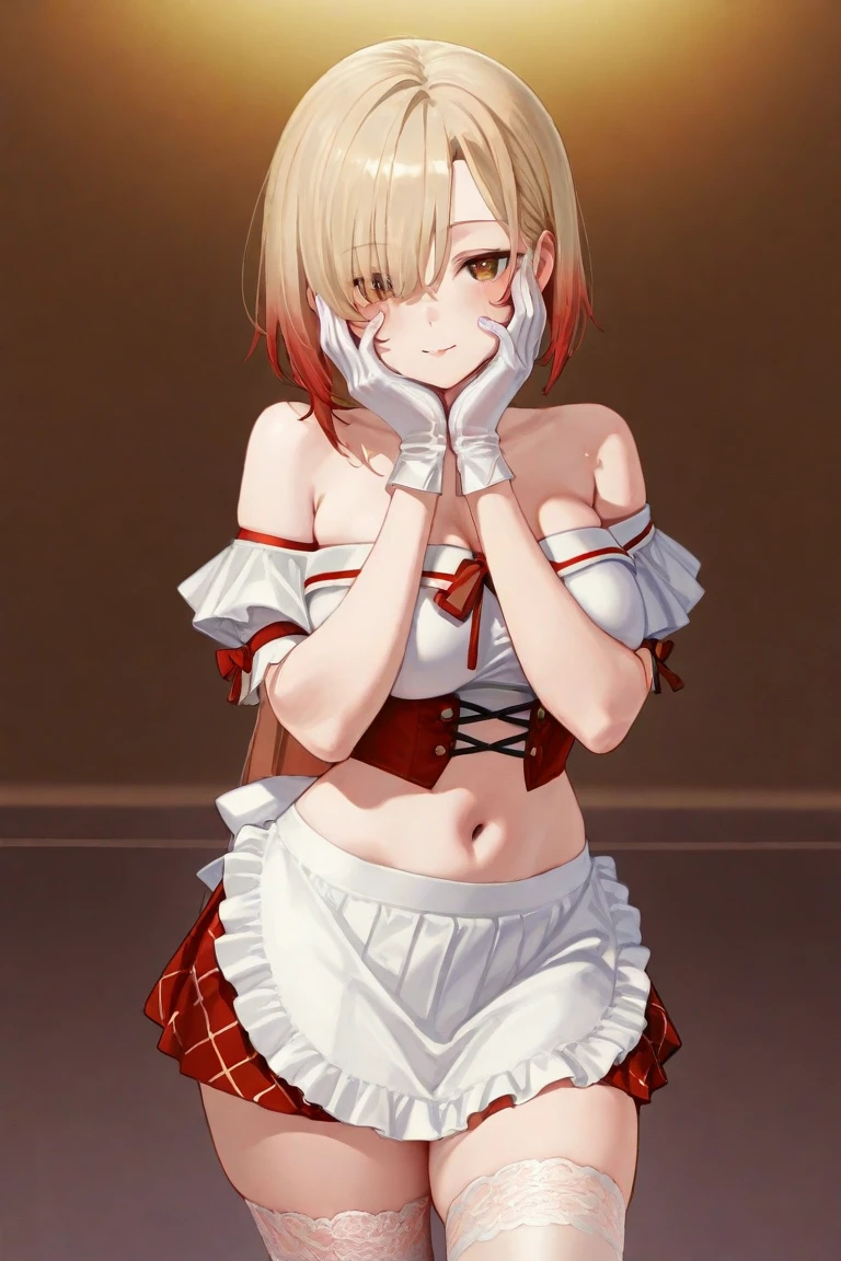 Idol-like animated characters High quality face, Firm eyes, gentle smile Strong gaze, confident expression. Blonde twin-tail short hair, hair bouncing upwards, red ribbon. Small breasts,. Cosplay, as if going into battle White tank top type, like combat uniform White tank top, dark red armored leather mini skirt, armored nightdress, costume with circular hardware Dark red armored skirt, Armored nightdress black long boots, Shown from above, in Background is in a room Notice the face. Red eyes. Five fingers. Both hands. No shadow on background,high quality,high quality No shadow on background,High quality,High quality