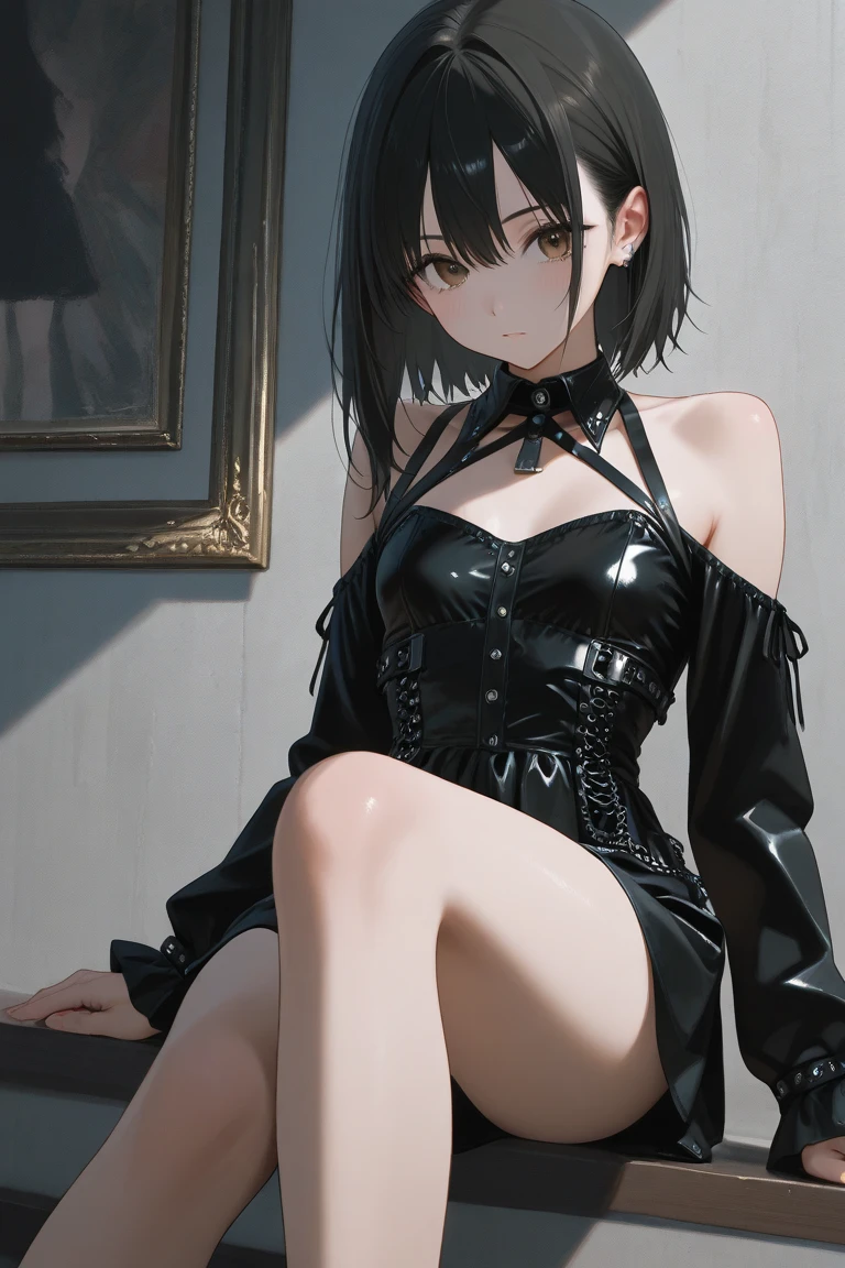absurdres, RAW photo, extremely delicate and beautiful, masterpiece, Best Quality, ultra high resolution, 32k, hyperrealistic, ultra-detailed, in her 20s, delicate facial features, tearful mole, earring, medium breasts, full body shot, shorter middle hair, black hair, (police uniform), collared shirt, skirt,