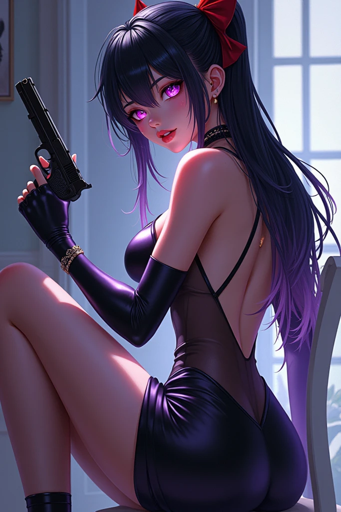 best quality,masterpiece,8k wallpaper,absurdres, highres, ultra detailed, (1 young beautiful girl, solo:1.1),realistic,k/da (league of legends), solo, animal ears,gloves, fox ears, hair ornament, long hair, purple hair, purple eyes, whisker markings, fingerless gloves, pink hair,multicolored hair,official alternate costume, asymmetrical clothes, makeup, facial mark, hairclip, medium breasts, athletic body, slimskirt, thigh strap, lips, gradient hair, fox tail, single glove,fox tail, (nine-tailed fox (mythological creature):1.3),A fairytale land where magical creatures live and thrive,BREAK