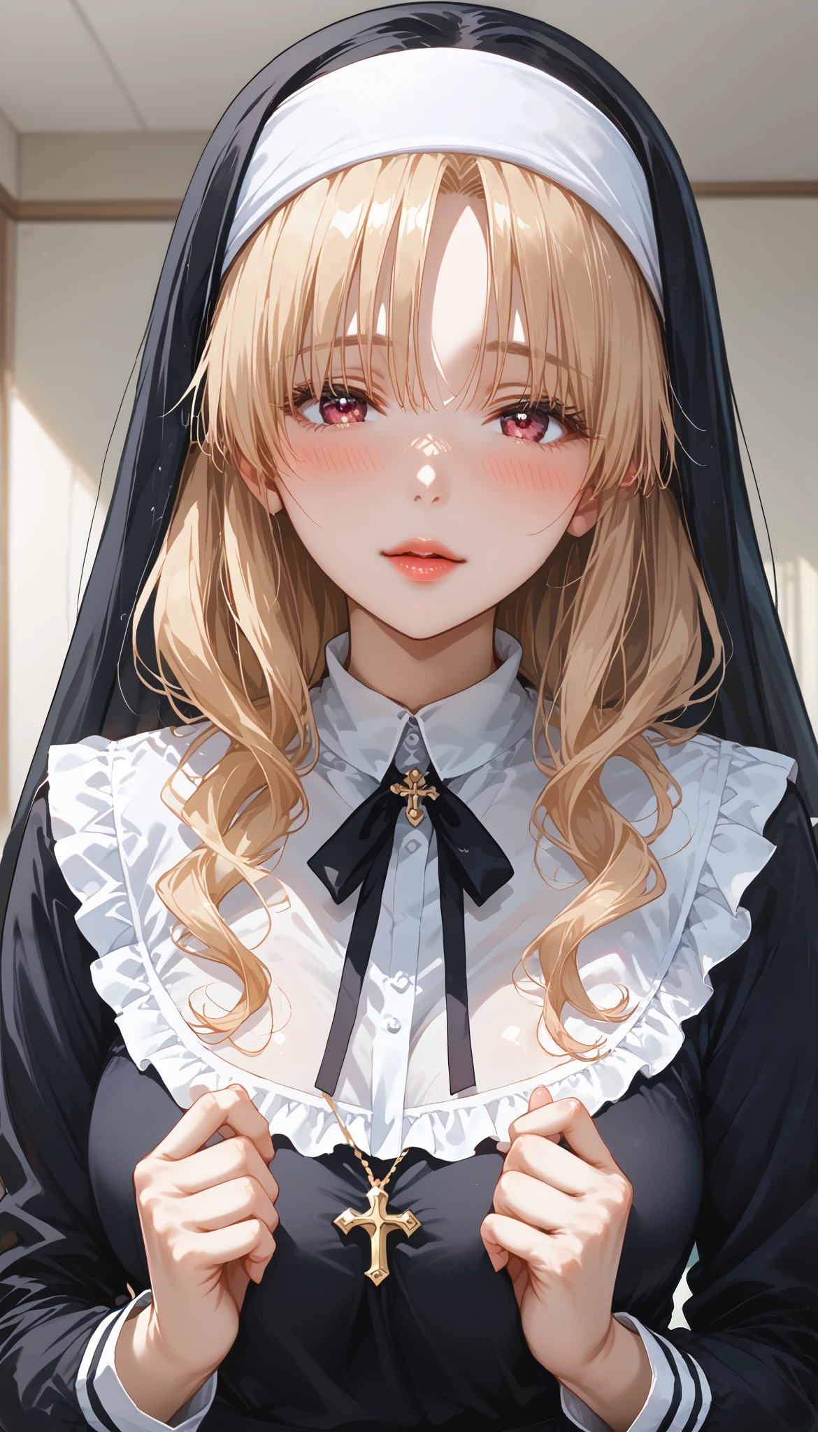 This is extremely detailed , Digital illustration of a young provocative woman in a nun outfit, black cross drawn on plump lips , フォトリアリスティックなスタイルin. The subject is a light-skinned woman with a pale complexion , length, Wavy blonde hair peeking out from under a black and white nun outfit. she's eye-catching , almond-shaped eyes , full, in飾られています。濃いアイライナーinソフトピンク . 彼女のメイクは劇的inす, Apply 、突き刺すような赤い色合いのマスカラApply ました , in、 rose-colored blush on her cheeks . She is white, lace ornament, x} Large胸を際立たせる黒革のコルセット , conspicuous . コルセットは精巧なレースのディテールin飾られており、Large, with ornate cross pendant 。. white head scarf , Super realistic , covers the head 、髪を完全に隠すわけinはありません .( Raised Eyebrows :1.5)、 disgusting face、(petty laugh:1.3)