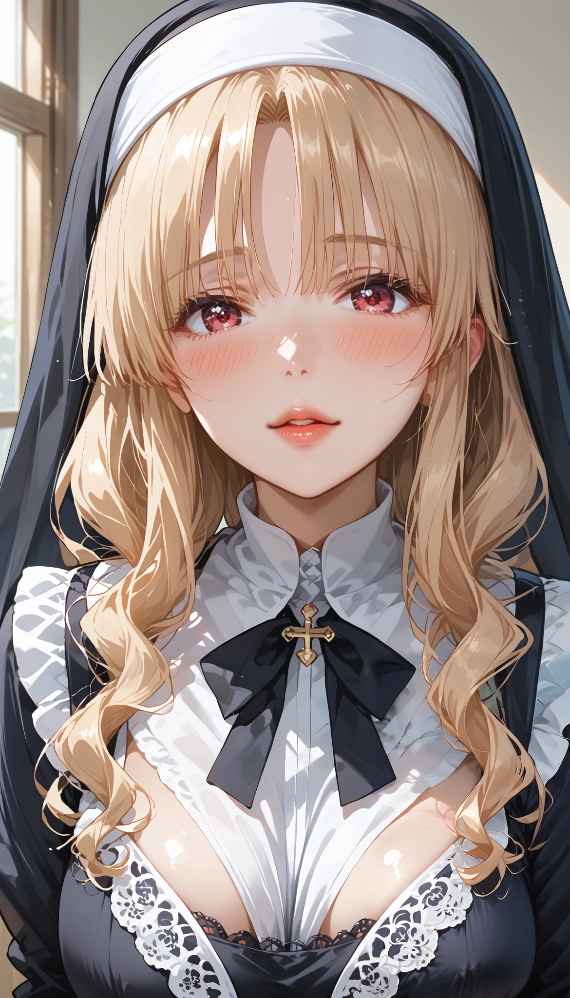 This is extremely detailed , Digital illustration of a young provocative woman in a nun outfit, black cross drawn on plump lips , フォトリアリスティックなスタイルin. The subject is a light-skinned woman with a pale complexion , length, Wavy blonde hair peeking out from under a black and white nun outfit. she's eye-catching , almond-shaped eyes , full, in飾られています。濃いアイライナーinソフトピンク . 彼女のメイクは劇的inす, Apply 、突き刺すような赤い色合いのマスカラApply ました , in、 rose-colored blush on her cheeks . She is white, lace ornament, x} Large胸を際立たせる黒革のコルセット , conspicuous . コルセットは精巧なレースのディテールin飾られており、Large, with ornate cross pendant 。. white head scarf , Super realistic , covers the head 、髪を完全に隠すわけinはありません .( Raised Eyebrows :1.5)、 disgusting face、(petty laugh:1.3)