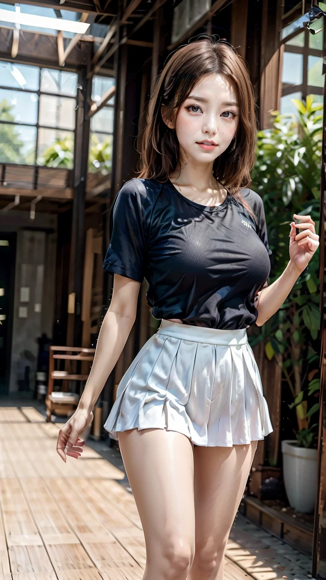 Korean school uniform,School Uniform Shirts,Ribbons,a skirt,Bright brown hair,School poolside,Poolside bench,8K raw photos,A high resolution,16-year-old Korean,big round breasts,Beautiful face in every detail,long eyelasher,beautiful double eyelid,Slitted eyes,Elongated eye shape,Sanpaku eyes,duck mouth,evilsmile,Evil expression,Beautiful very thin legs, Beautiful very thin thighs,Casual short hair,Hair tied behind the head,耳Nipple Ring,choker necklace,Spread your legs,drenched clothes,clothes wet,It's wet everywhere