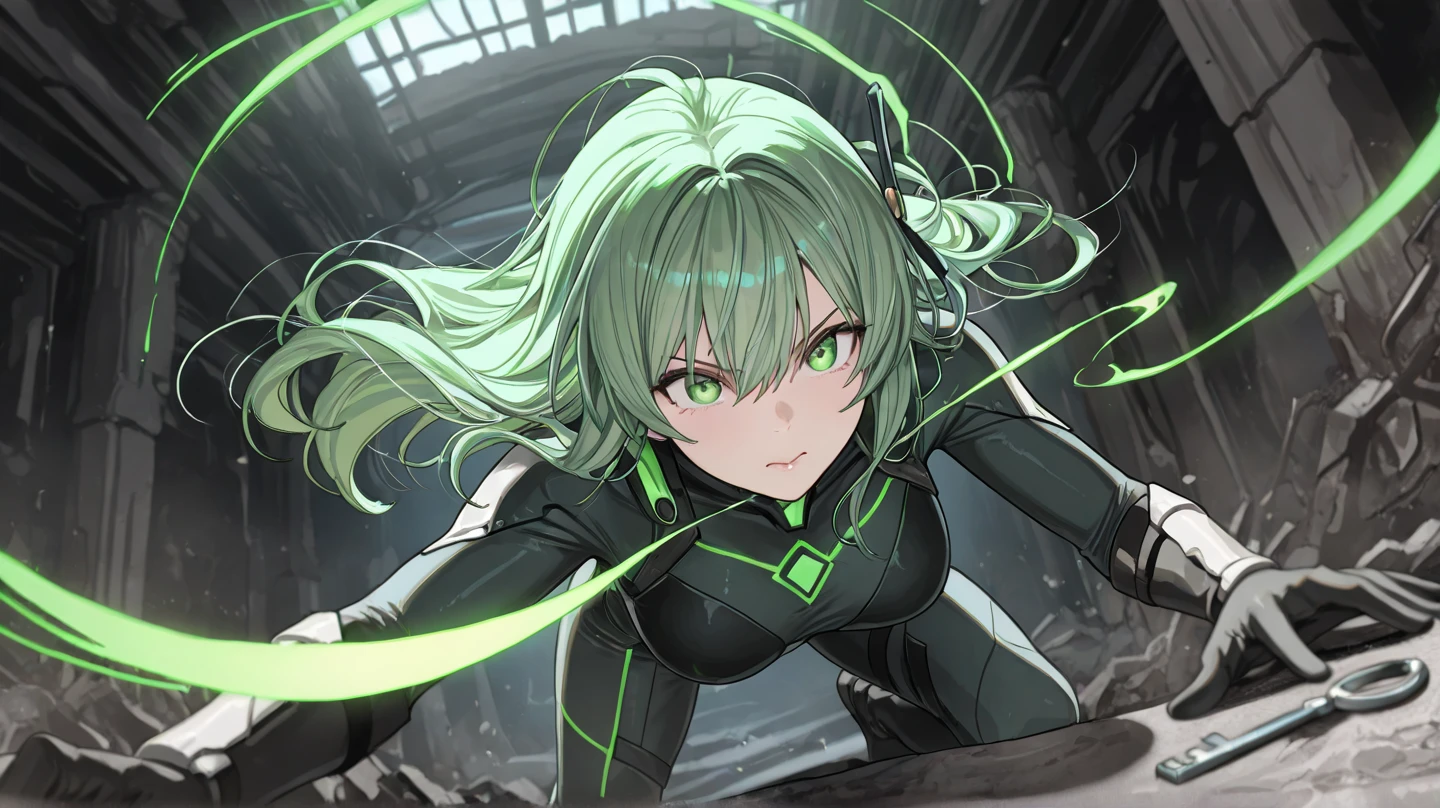 ((highest quality, masterpiece, 4k, finely detailed, detailed eyes, detailed face, gelbooru, pixiv)), warm lighting, ((highest quality, masterpiece, 4k, finely detailed, detailed eyes, detailed face, gelbooru, pixiv)), warm lighting, ((solo)), 1 woman, adult woman, mature woman, wide hips, seductive, ((two rainbow colored demon horns)), ((very sharp eye shape, dark mascara, steel blue eye color)), (((green haircolor, shaggy hair, bob haircut)), looking at viewer, mean expression, ((modern dress, dark black color)), dominant pose, ((pointy ears)), ((modern setting)), intense night city background