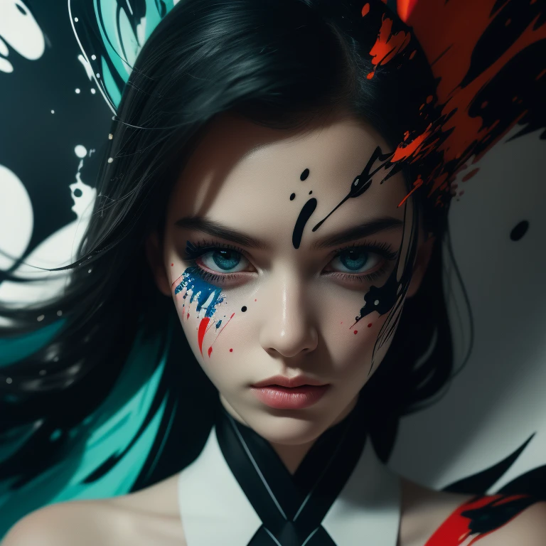 masterpiece,best quality,ultra high res,(abstract art:1.4),bleeding blue,blue theme,visually stunning,beautiful,evocative,emotional,(side view of a woman bleeding paint),crying paint,looking at viewer,