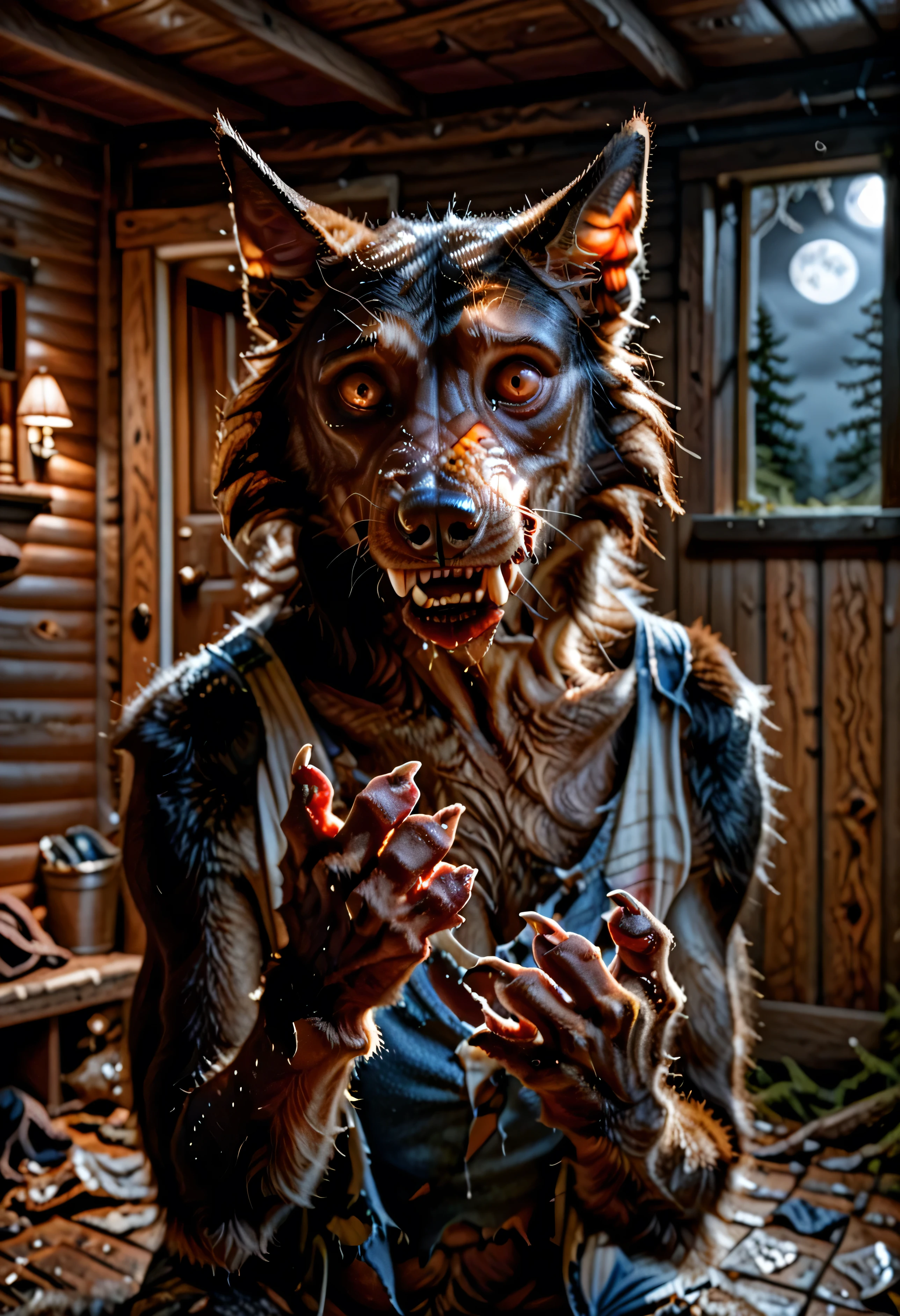 Skin, human, Werewolf transformation, morfing,  human, [werewolf: human:0.7], [arms: paws:0.7], fangs:0.8, female, [red human skin: fur: 0.5], [human face: snout:0.5], wolf nose, detailed fur, gradual fur, spread, shaking:1.1, crying, sweating, drooling:1.2, in pain:0.8, scared:0.8, confused:0.8, torn clothes:1.1, thick fingers through, deep night, ((darkness, dramatic moonlight, night)), abandoned cabin, scraps around, clothes scraps,((Ultra-detailed, Realistic, Photorealistic, photo-realistic:1.37), 4k, 8k, RAW, HDR, UHD, Canon EOS P3, Canon EOS R3, 85mm f/1.4, 15mm, 35mm, 80mm, f2.8, high resolution, hd, full colour, 4k, high definition, 3 point lighting, sharp focus, smooth, Professional, cinematic, extreme detail, (high detail:1.4) description, masterpiece, deep shades, best quality,))