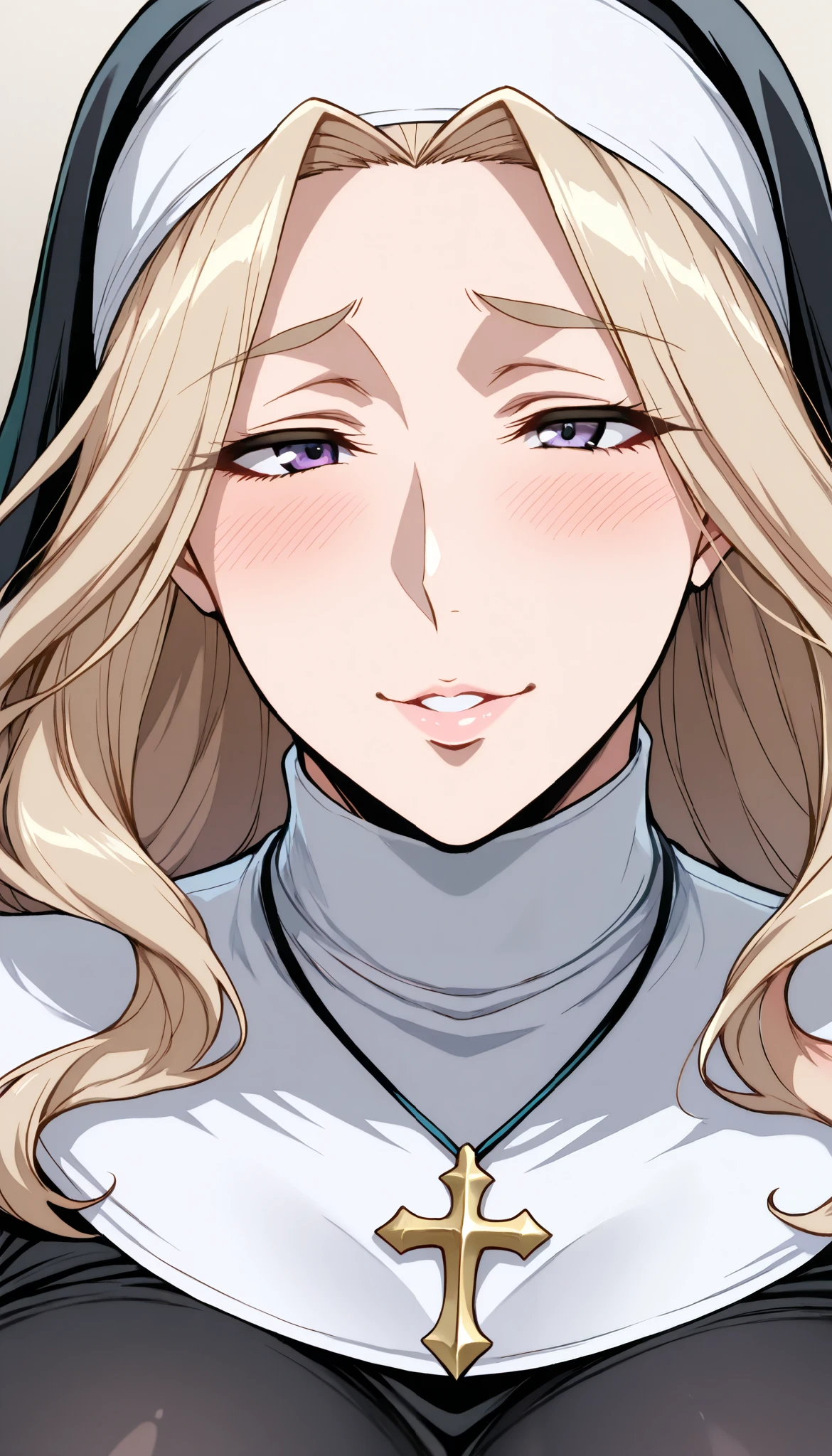 This is extremely detailed , Digital illustration of a young provocative woman in a nun outfit, black cross drawn on plump lips , フォトリアリスティックなスタイルin. The subject is a light-skinned woman with a pale complexion , length, Wavy blonde hair peeking out from under a black and white nun outfit. she's eye-catching , almond-shaped eyes , full, in飾られています。濃いアイライナーinソフトピンク . 彼女のメイクは劇的inす, Apply 、突き刺すような赤い色合いのマスカラApply ました , in、 rose-colored blush on her cheeks . She is white, lace ornament, x} Large胸を際立たせる黒革のコルセット , conspicuous . コルセットは精巧なレースのディテールin飾られており、Large, with ornate cross pendant 。. white head scarf , Super realistic , covers the head 、髪を完全に隠すわけinはありません .( Raised Eyebrows :1.5)、 disgusting face、(petty laugh:1.3)