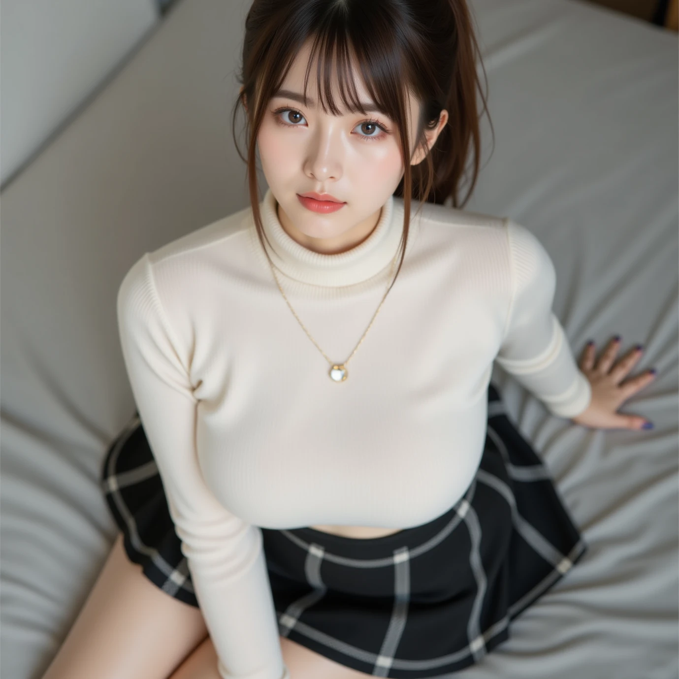highest quality、High resolution、Ultra-detailed、masterpiece、Raw photo、Realistic、Photorealistic、Very delicate and cute、Japanese girl、、In detail、Textured skin、Temptation Pose、、Sexy thighs、(At the hotel)、Detailed panty display,(((Lying in bed and Spread your legs))),Focus on her tights,、((Ribbed knit blouse)),expensive,Black Hair,Long Hair,,、Don't wear anything on your arms、Perfect Proportions,Spread your legs,Pay attention to her panties,(((Normal sexual position))),(((Lying in bed))),ponytail,(((Perspective of the missionary position))),Semen splatters,Perfect and beautiful face,Beautiful and elaborate face、Slim face and figure,Big eyes、Putting on gal makeup,Actual photo,(((barefoot))),Beautiful feet,、Large Chest、Breast enlargement、Amazingly cute girl、Japanese Girl 、Nice skin、Glowing Skin、Nice thighs、Naughty、Please put it inside、Inviting eyes、crown、smile、On all fours、Off-the-shoulder clothing、crown