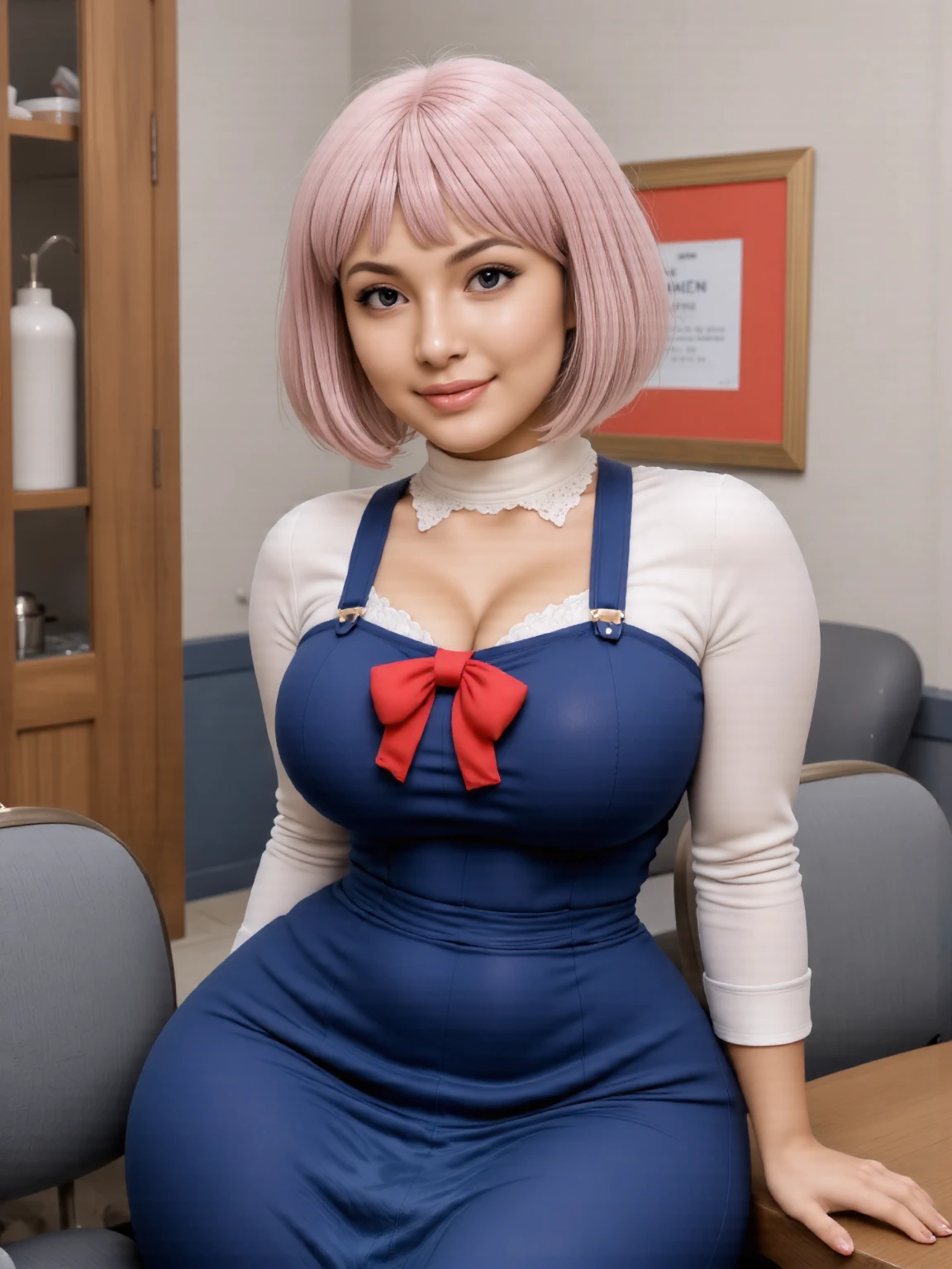 masterpiece, best quality, ultra high res, ultra-detailed, inside an hospital, sunset, madoka, pink hair, twintail hairstyle, (gigantic tits and giant cleavage: 1.4), hairy pubic hair, (erotic pink nurse uniform with nurse cap and pink lace-trimmed tights: 1.2), black high boots, looking at the viewer with a seductive expression, pleasure face, erotic face, moaning, beautiful makeup with black eyeliner and red lipstick, steaming body, shiny skin, very wet, (madoka is sitting on an office chair with her legs spread wide and squirting lots of cum from her exposed pussy in a hospital while erotically moaning from orgasm and with horny erotic face: 1.6), (bottom close pussy photo: 1.5)