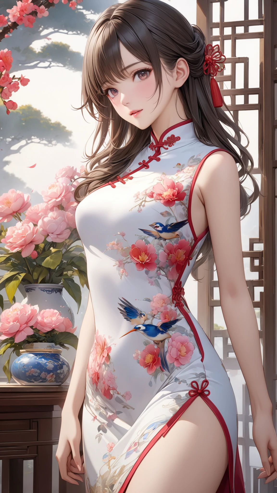 (highest quality、8k、masterpiece、White panties、Hmph:1.2)、19-year-old slender beauty, Flashy makeup using red eyeshadow, smiling、Yōho、double eyelid, Delicate medium cut ponytail, squat、Spread your legs, show white panties, Her white panties are clearly visible、Sexy Chinese dress and silk mini skirt, The best smile, She is wearing a sexy short colorful cheongsam。。, Cheongsam with deep slit, Draw hands correctly, The background is the bright interior of a Chinese restaurant.