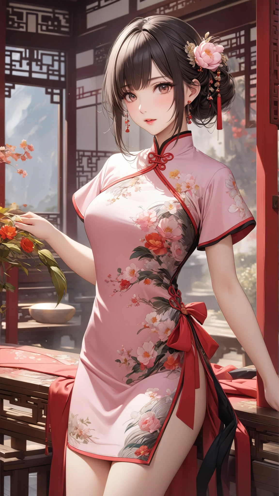 Cheongsam Beauty,Unique style。Pink cheongsam,Beautifully embroidered,Cut appropriately。High bun,Light makeup,Show noble temperament。Calm manners,Full of confidence,Show oriental charm。