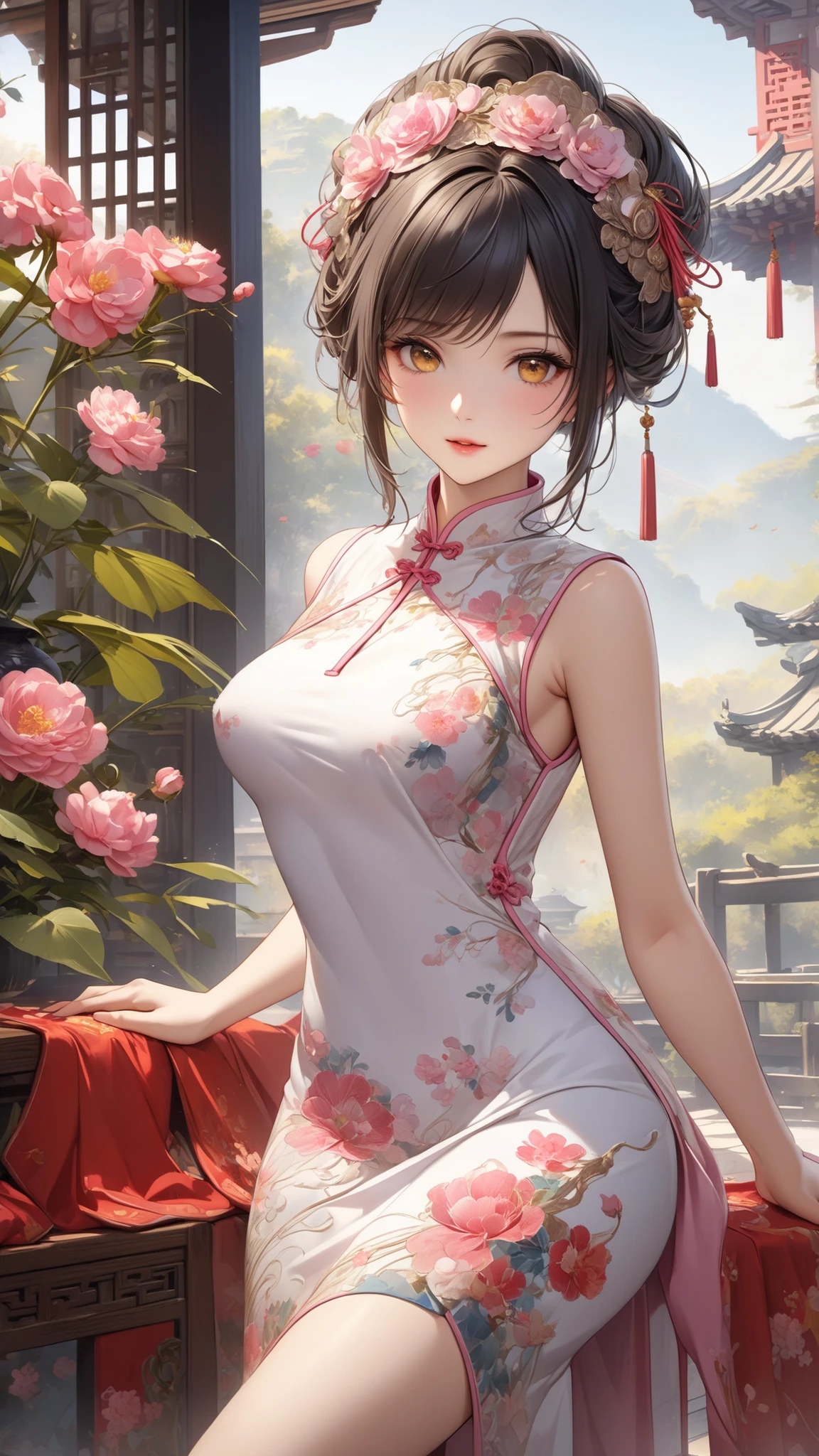A woman in a floral dress stands next to a tall tree, gorgeous Chinese model, sexy dress with bare shoulders and exposed, wearing an elegant dress, she is about 2 5 years old