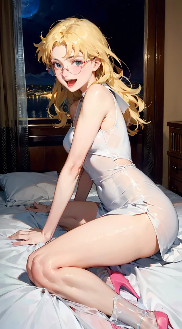 (Hi-Res、Super Detail、Ultra-delicate image quality、超A high resolution、A hyper-realistic、ＨＤＲ)、８Year old girl、like figure、slenderbody、long and thin legs、Radical poses to seduce a man、on the beds、See-through lingerie that makes you look naked、Intense bite、Shiny blonde hair、pink areola has a hard and long protrusion in the middle、Applying full-body lotion、Mass sweat、shiny white skin、Excited and obscene look