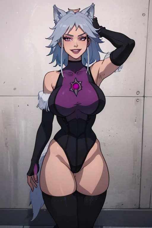 (extremely detailed CG unity 4k wallpaper),(masterpiece),(best quality),(ultra-detailed),(best illustration),(best shadow),(absurdres),(detailed background) Killer frost, winter city background, Confident, full body shot, hands on hips,