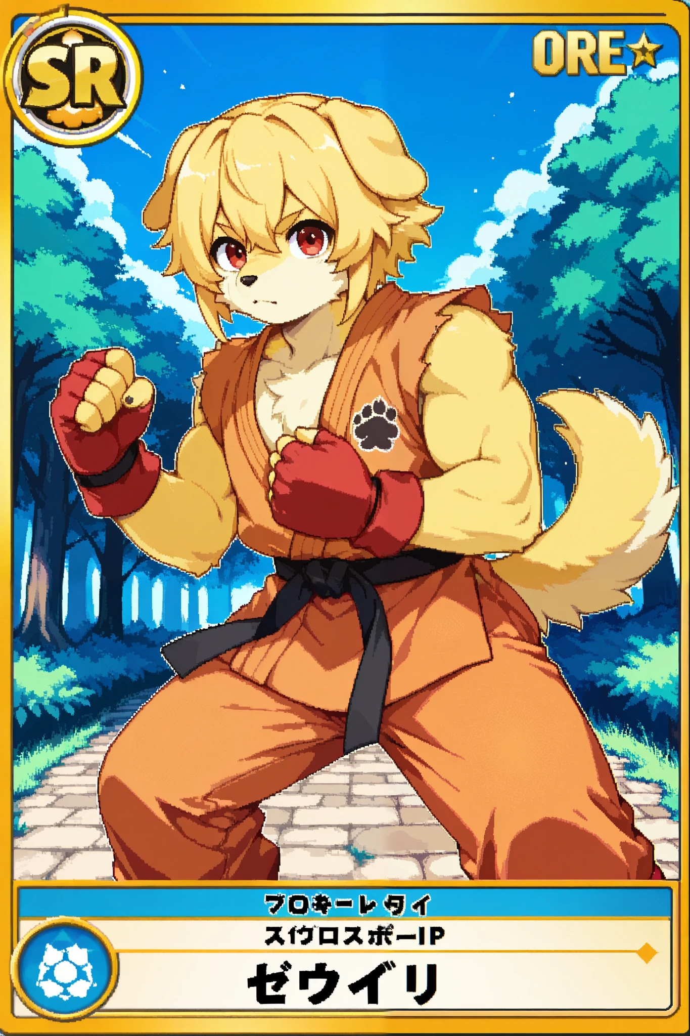 score_9, score_8_up, score_7_up, source_anime, 1girl, solo, pixel art, playingcard, elite rank icon, E, trading card, card_(medium), RPG stats, kemono, 1boy, solo, furry dog boy BREAK
Dog ears and tail, (furry, kemono), yellow hair BREAK bangs, red eyes BREAK short hair, (yellow fur skin), muscle growth, ager young BREAK
Orange dougi, fingerless gloves, red gloves BREAK
Looking at viewer, brave face, portrait, standing, looking at viewer, fighting stance, outdoors, old village town, blue sky, trees