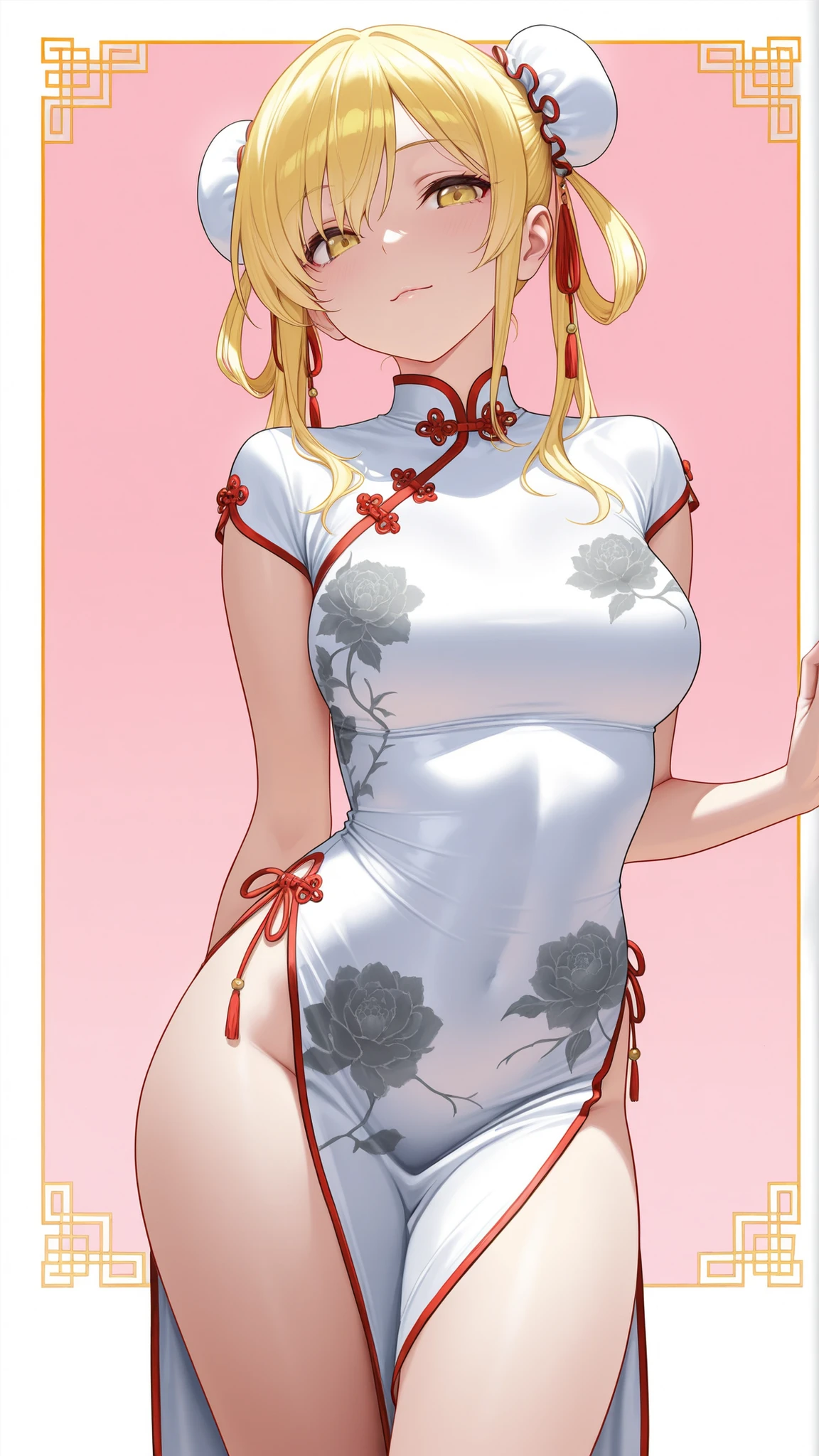 ((top quality)),( Ultra High Definition ),(is very well detailed),( detailed description),(( best CG )),(masterpiece), Ultra Detailed Art ,Amazing Painting Art,(art with delicate details:1.5), woman, beautiful and well-groomed face, cut china dress, white, pink, yellow, Active,