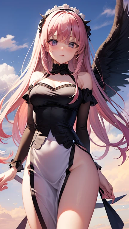 Mature woman, extremely detailed face and eyes, (mature face:1.4), (full body shot from below:1.4), pink hair, big hair, wavy hair, hair up, pink eyes, detailed eyes, navel, big breasts, slim hourglass figure, off shoulder, thong, fishnet stockings, choker, barrette, (beautiful black wings:1.4)