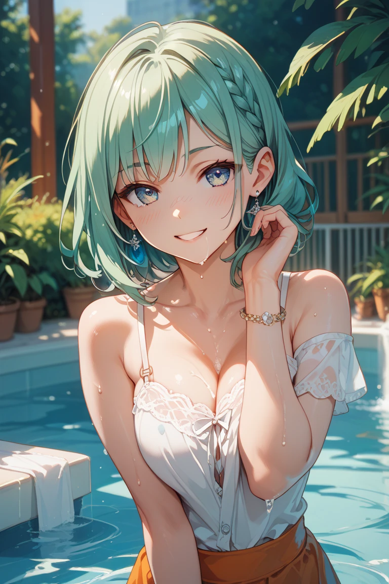 ((Top quality)), ((masterpiece)), ((Ultra Detailed)), (Extremely refined), Beautiful woman, Bright light blue hair, Long wavy hair, Sapphire blue eyes, Wearing a spring green bikini, Elegant smile, sweet smile, Relaxed expression, Fair skin, Rainy spring background,