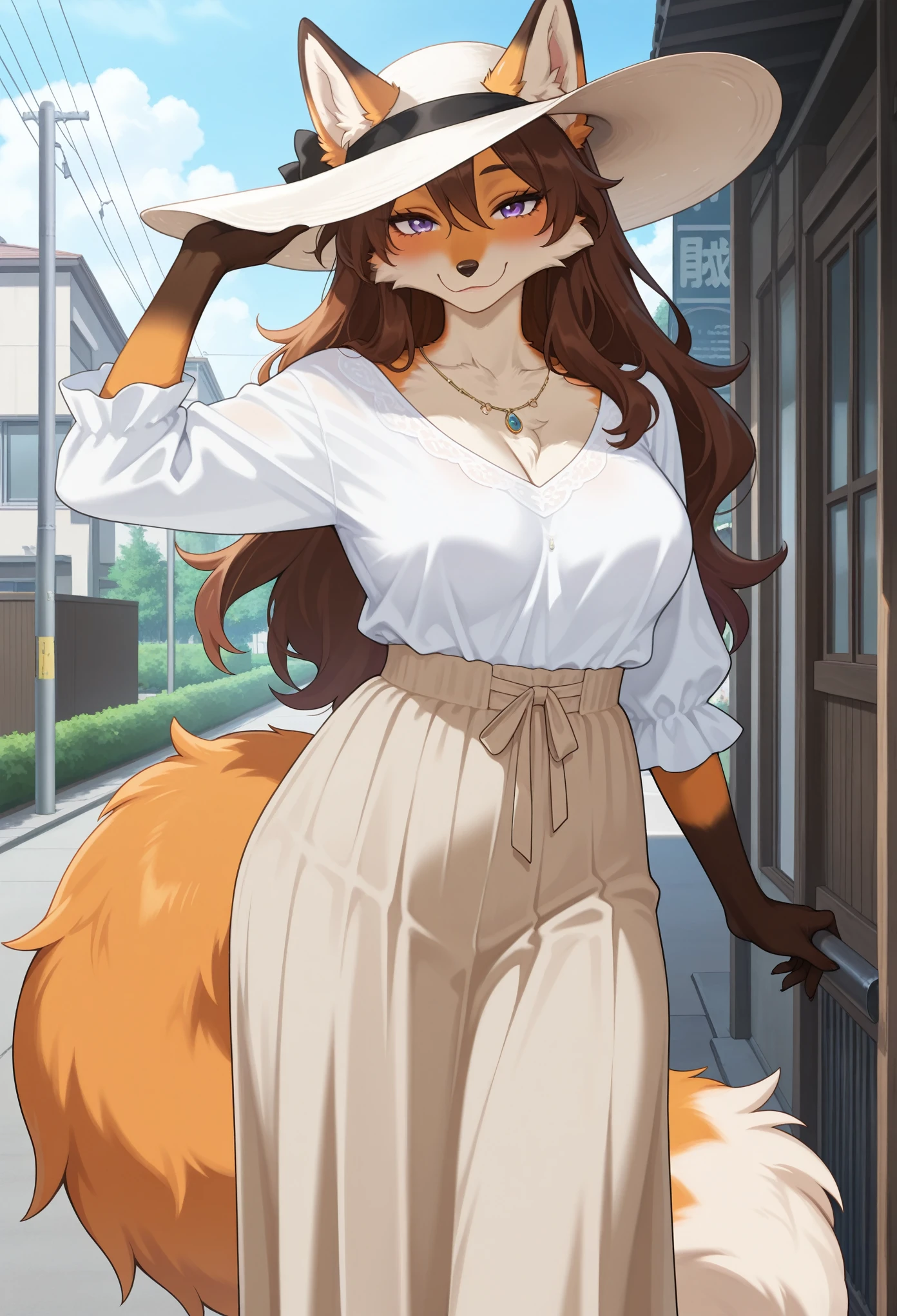 masterpiece, best quality, amazing quality, safe, furry, furry female, fox girl, mature female, light smile, hand on own head, looking at viewer, brown hair, long hair, purple eyes, orange fur, fluffy fur, detailed fur, medium breasts, sun hat, necklace, loose clothes, white blouse, high waist skirt, long skirt, outdoors, neighborhood, (anime screencap)