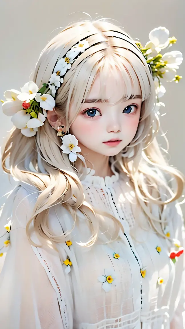 Portrait、master piece:1.3、one girl、baby face、natural look、Very cute、brown hair、short bob、small red earrings、plump lips、no makeup、white t-shirt、focus on face、highest quality、high resolution、Super detailed、High quality、Detailed details、8k、(((blurred background、white wall、white background、a white world、flower illustration、flower illustrationの壁、壁にflower illustration、flower illustrationが描いてある壁、photography studio:1.5、cinematic lighting、professional photographer)))