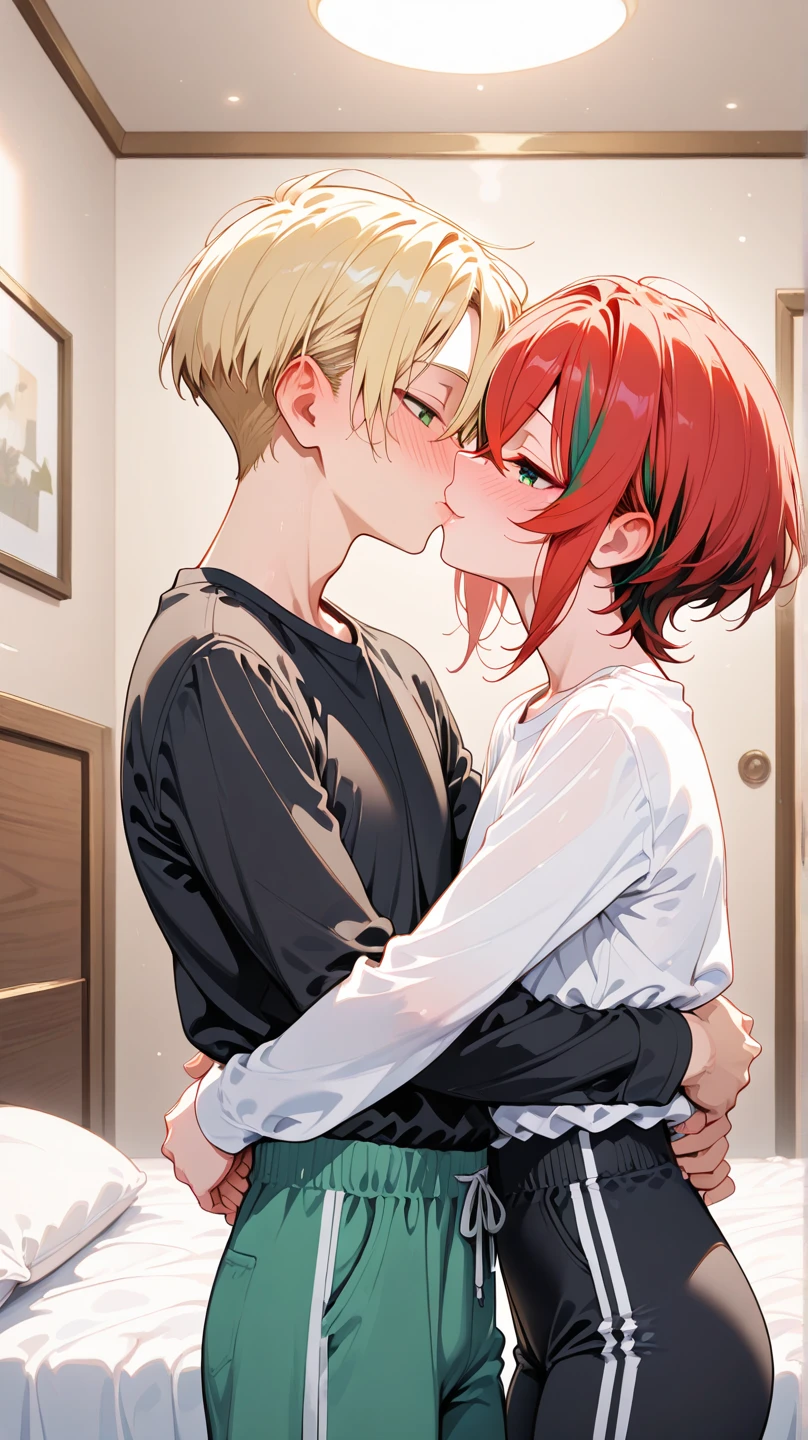 Beautiful 23 year old large blonde woman in lingerie, pubic hair, in a softly lit bedroom on a cozy bed and warm flowers, movement lines, sex with little 7 year old redheaded son in pajamas. small 7 year old boy inserts penis into woman's crotch, a , Cute, passionate.