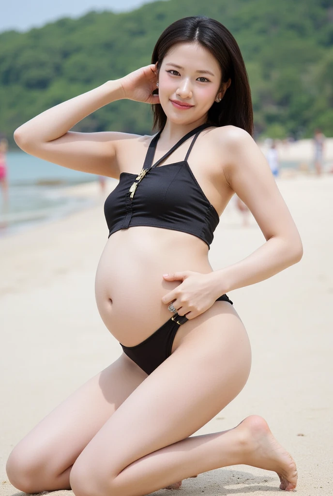 ((Best image quality)、Korean 20 years old, Private Luxury Villa,nfsw, high resolution, Natural and smooth implementation, head and body balance、perfect body beauty:1.4、slim、thin legs、((dark brown hair、very :1.2)), naked, wearing only a swimsuit, very 상세한 얼굴 및 피부 질감、eye for detail、shy smile、with legs spread、variety of swimsuits , lighting areola、Aiming to become a gravure idol、top quality、reality、 exposed groin、cute appearance、angle from below、small ass、K-pop makeup、embarrassed expression、thin waist, White and clear skin, cute belly fat, chubby, Narrow pelvis, slander, private swimming pool , Popular hairstyles for long hair, skinny body type, young body type, Small pelvis, small shoulder, pregnancy, pregnant woman
