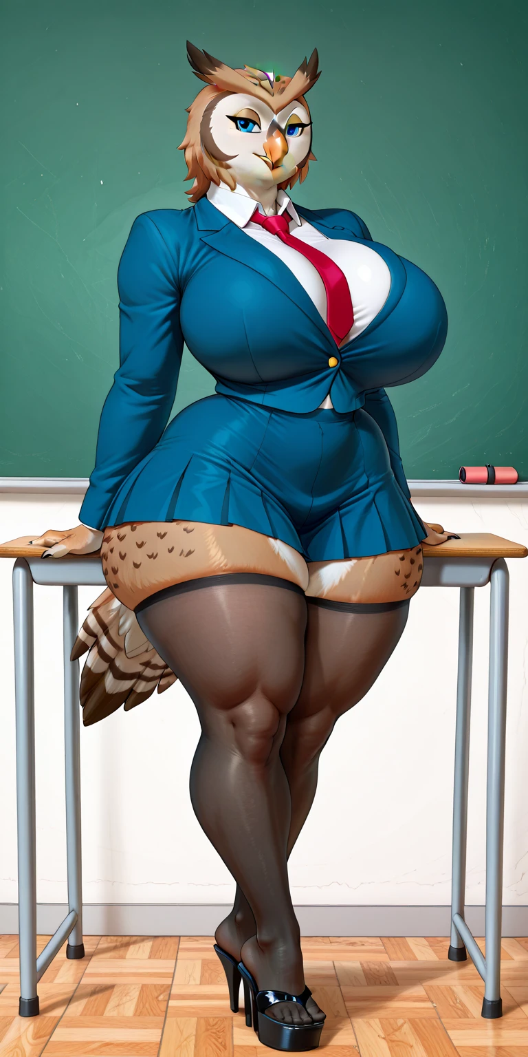 4k, highly detailed, realistic, extremely high quality, full-body drawing, masterpiece, (keeltheequine style), (uploaded on e621), (anthro palomino horse girl, milf), (posing in a classroom), ((wearing a collar, sexy teacher's outfit with mini skirt, fishnet stockings and 8 inch platform heels)), (beautiful and detailed eyes:1.1), (long legs), ponytail hairstyle, detailed fur, seductive, sexy, voluptuous, curvy body, hourglass figure, huge breasts, thick thighs, wide hips, cinematic lighting, (f1.8 short focus bokeh)