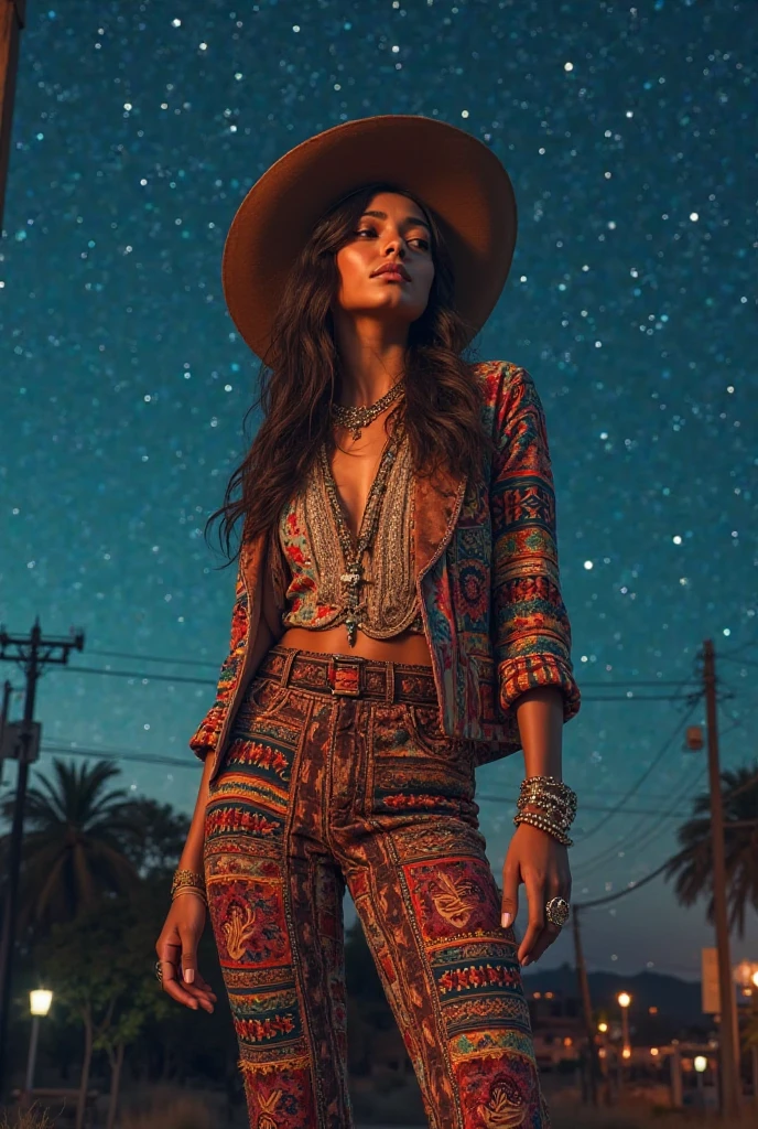 Master professional photography, beautiful woman in bohemian dress and accessories, extreme textures and details, full body portrait shot, bohemian city landmarks background, 64K