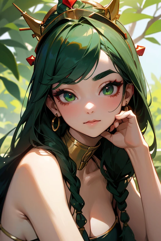 (Highest quality, masterpiece:1.2), High resolution, Very detailed, Realistic:1.37, Fantasy, An illustration, Green Eyes、Queen, Red and green swimsuit、Platinum decoration、beautifully、Eyeshadow Red、Thick eyebrows、Long eyelashes、pupils are black、Her hair is dark green、Gold crown、Kissing Face、Embarrassing、Beloved by the crowd、Hair is green、Braiding、hair ornaments、Laugh gently、From the waist up、bikini、
