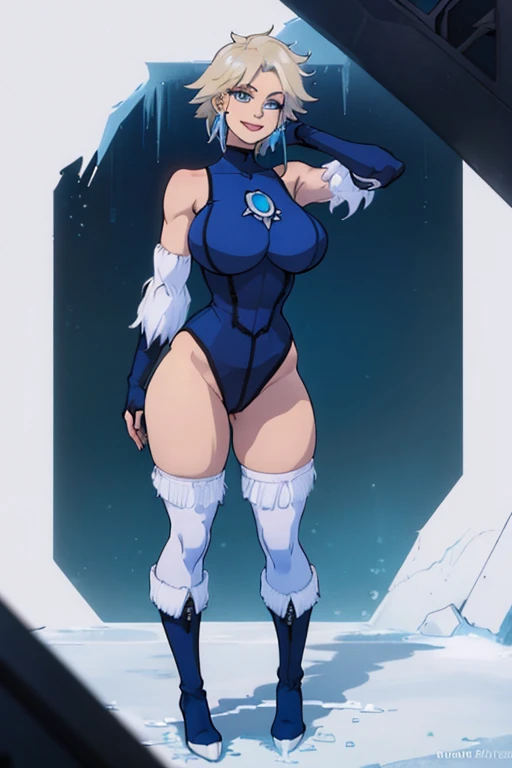 (extremely detailed CG unity 4k wallpaper),(masterpiece),(best quality),(ultra-detailed),(best illustration),(best shadow),(absurdres),(detailed background) Killer frost, Snow, City, Confident smirk, full body shot, hands on hips,