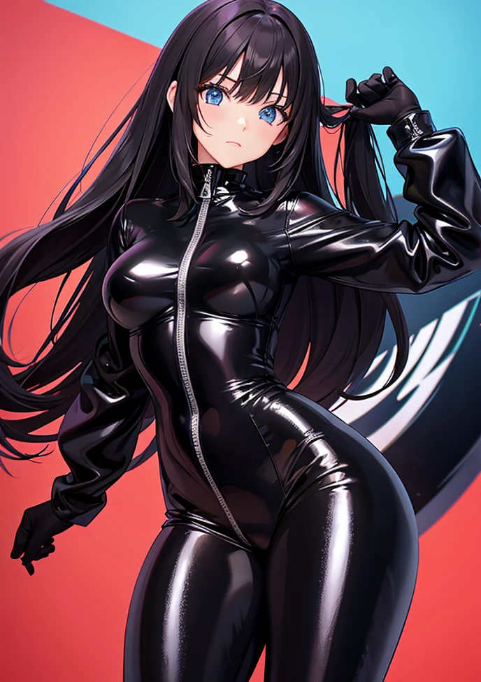 cabelo longo preto, pele morena, olhos cinza afiados, Serious expression, long sleeve black leather jumpsuit and pants, coturnos pretos