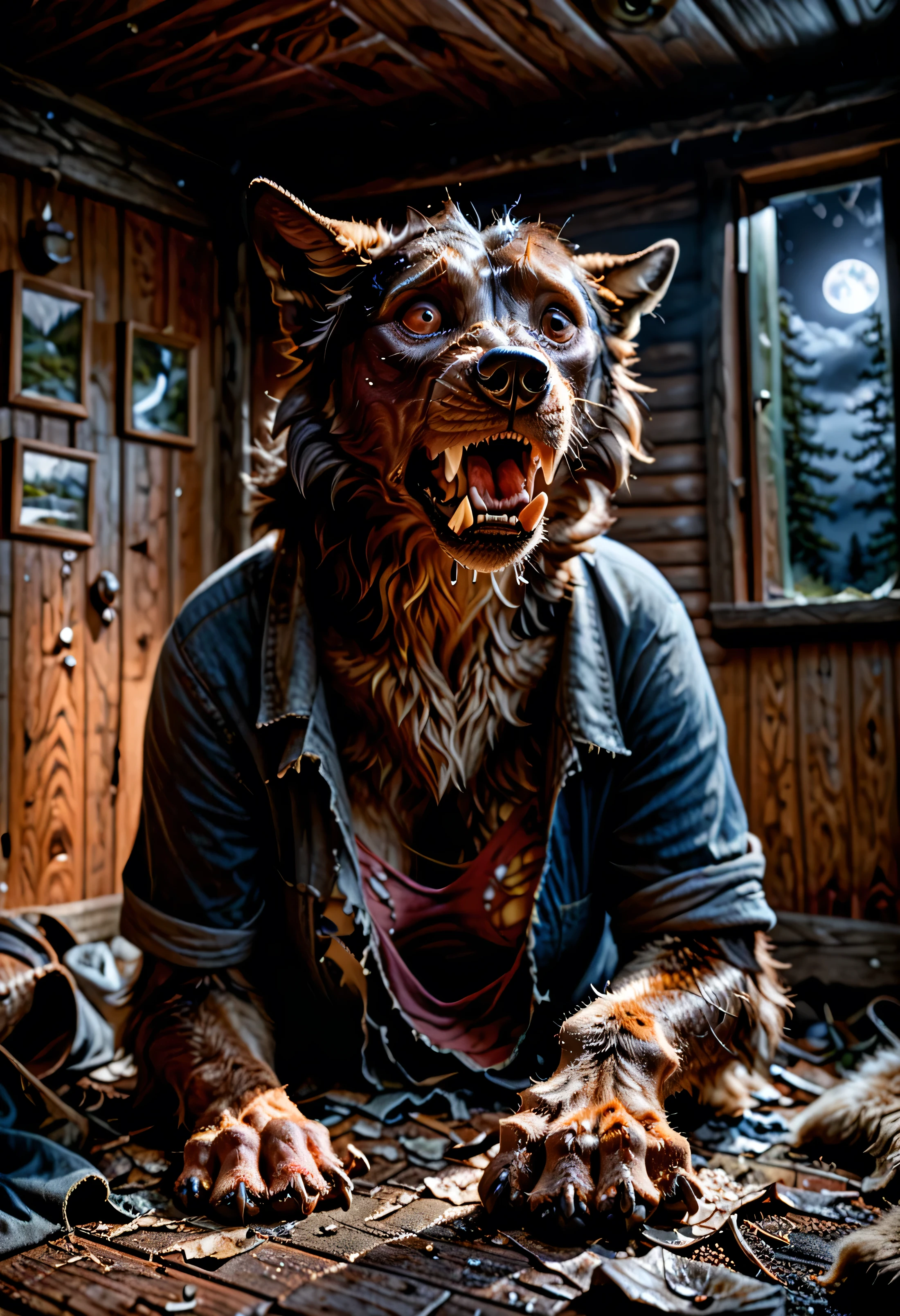 Skin, human, Werewolf transformation, morfing,  human, [werewolf: human:0.7], [arms: paws:0.7], fangs:0.8, female, [red human skin: fur: 0.5], [human face: snout:0.5], wolf nose, detailed fur, gradual fur, spread, shaking:1.1, crying, sweating, drooling:1.2, in pain:0.8, scared:0.8, confused:0.8, torn clothes:1.1, thick fingers through, deep night, ((darkness, dramatic moonlight, night)), abandoned cabin, scraps around, clothes scraps,((Ultra-detailed, Realistic, Photorealistic, photo-realistic:1.37), 4k, 8k, RAW, HDR, UHD, Canon EOS P3, Canon EOS R3, 85mm f/1.4, 15mm, 35mm, 80mm, f2.8, high resolution, hd, full colour, 4k, high definition, 3 point lighting, sharp focus, smooth, Professional, cinematic, extreme detail, (high detail:1.4) description, masterpiece, deep shades, best quality,))