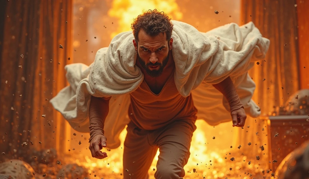 beared man, baldie, fleeing from burning Jesus Christ, Action, dark, cinematographic.