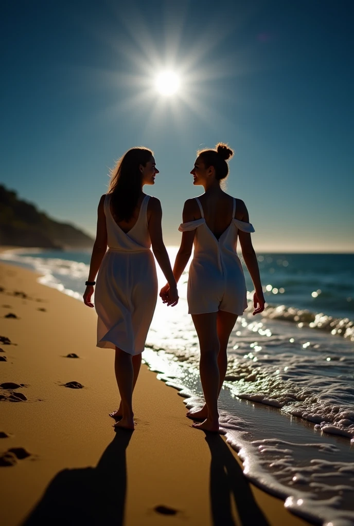 walking on the beach holding hands,seashore,sandy beach,dreamy sunset,soft waves,romantic atmosphere,gentle breeze,serene and peaceful,lovers silhouette,sparkling water,merging with nature,serenity,harmony,calmness,barefoot stroll,splashing feet,whispering secrets,loving connection,unbreakable bond,eternal love,(best quality,4k,8k,highres,masterpiece:1.2),ultra-detailed,(realistic,photorealistic,photo-realistic:1.37),vivid colors,soft pastel tones,magic hour lighting