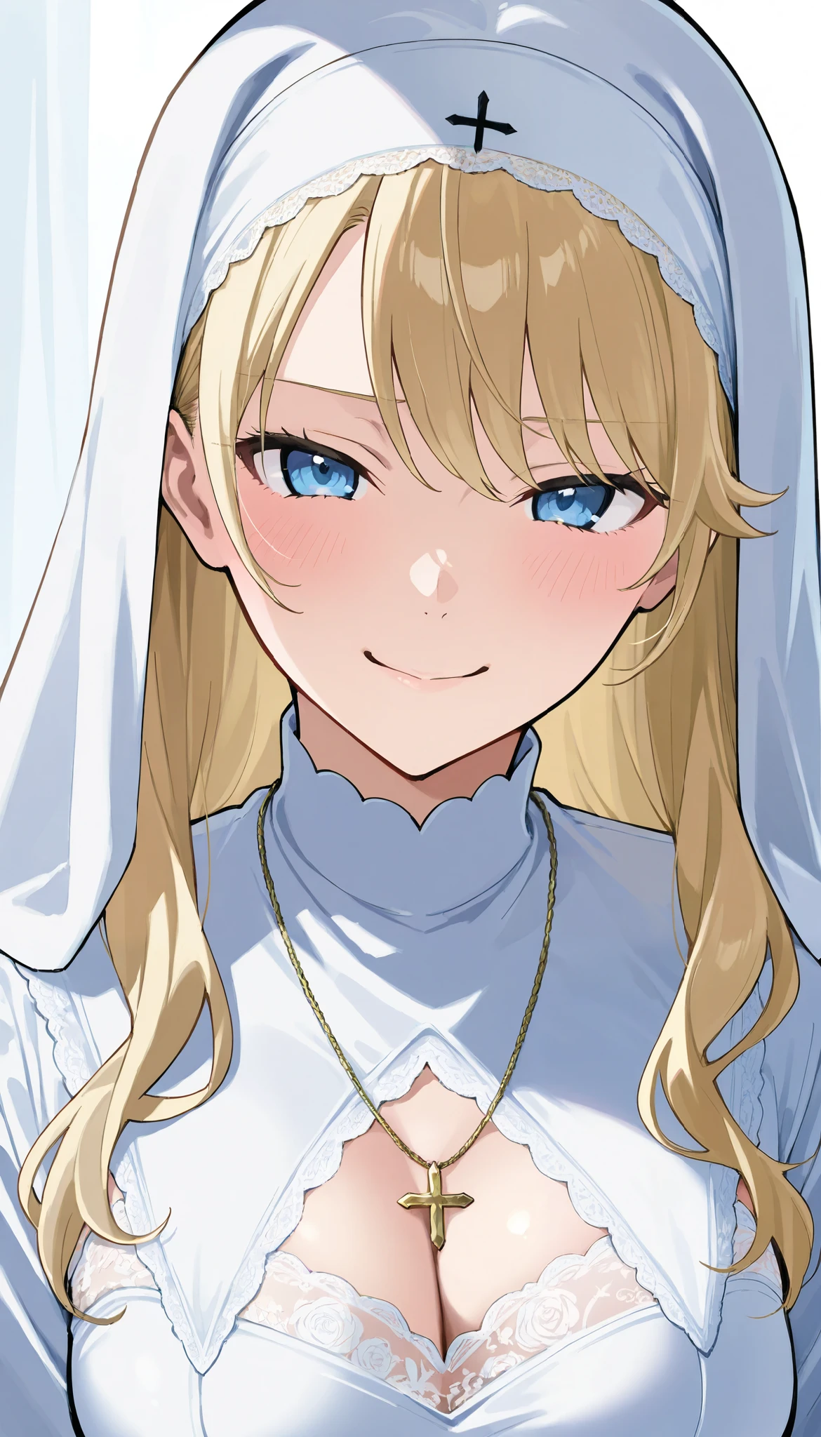 upper body、 This is extremely detailed , Digital illustration of a young provocative woman in a nun outfit, black cross drawn on plump lips , フォトリアリスティックなスタイルin. The subject is a light-skinned woman with a pale complexion , length, Wavy blonde hair peeking out from under a black and white nun outfit. she's eye-catching , almond-shaped eyes , full, in飾られています。濃いアイライナーinソフトピンク . 彼女のメイクは劇的inす, Apply 、突き刺すような赤い色合いのマスカラApply ました , in、 rose-colored blush on her cheeks . She is white, lace ornament, x} Large胸を際立たせる黒革のコルセット , conspicuous . コルセットは精巧なレースのディテールin飾られており、Large, with ornate cross pendant 。. white head scarf , Super realistic , covers the head 、髪を完全に隠すわけinはありません .(lowered eyebrows:1.5)、 disgusting face、(smirking laugh:1.3)