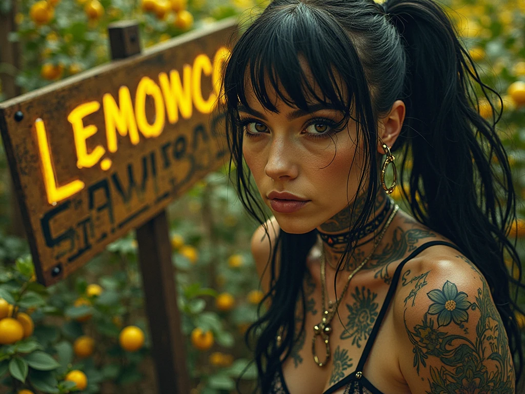 (best quality,4k,8k,highres,masterpiece:1.2), ultra-detailed, realistic, girl with blue hair doublehairbuns and red flowers tattooed, full body, cannabis plants , futuristic growroom