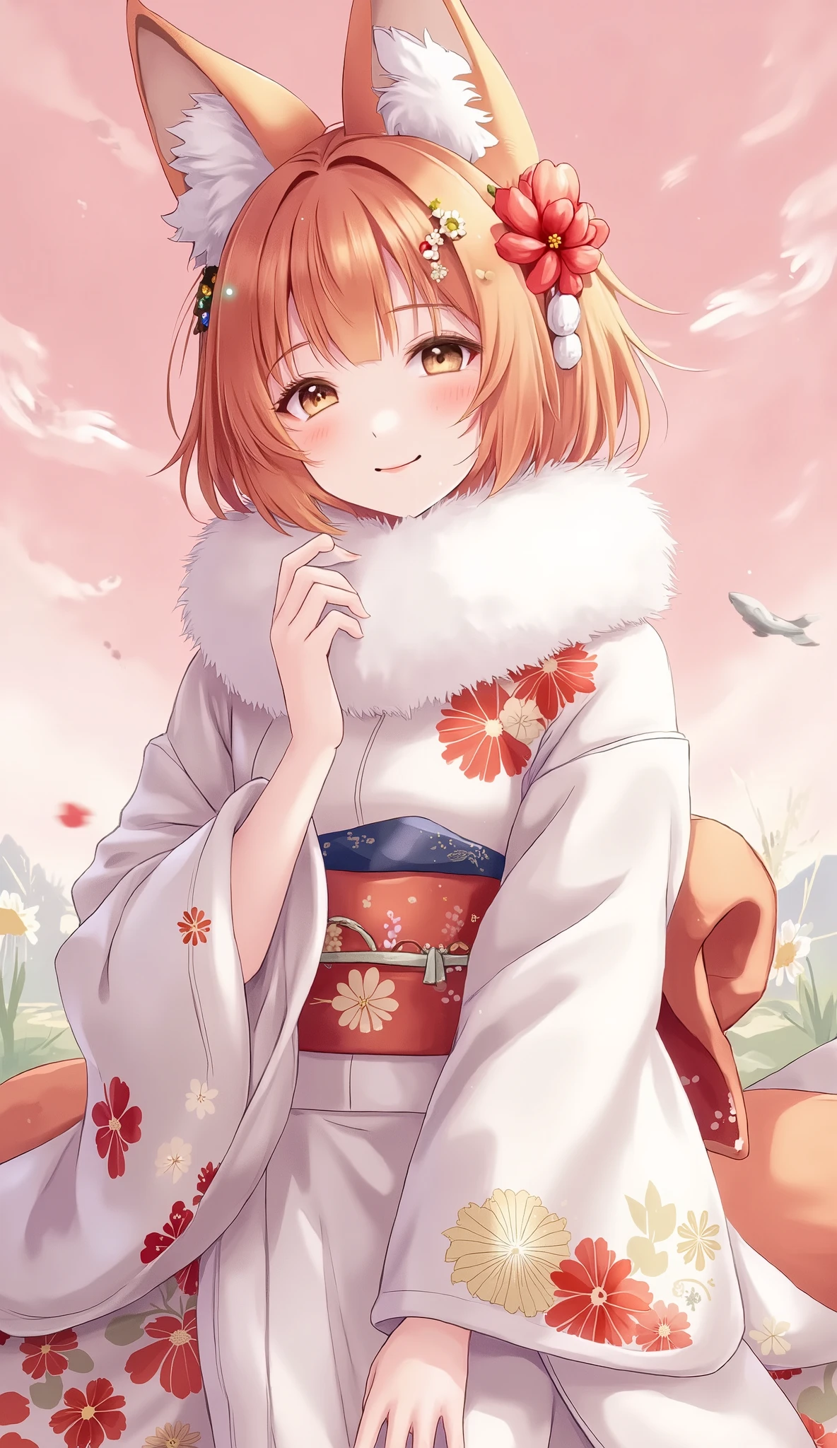 masterpiece, Best Quality, very detailed, 1 girl, Alone, (:3:0.9), animal earsの毛, animal ears, orange hair, fluffy hair, , brown eyes, flower, fox ears, fox girl , gradation , gradation background, hair flower, hair ornament, Japanese Clothes, kimono, watching viewers, Shrine maiden, smile, Alone, white kimono, beautiful lighting arranged in an orderly manner