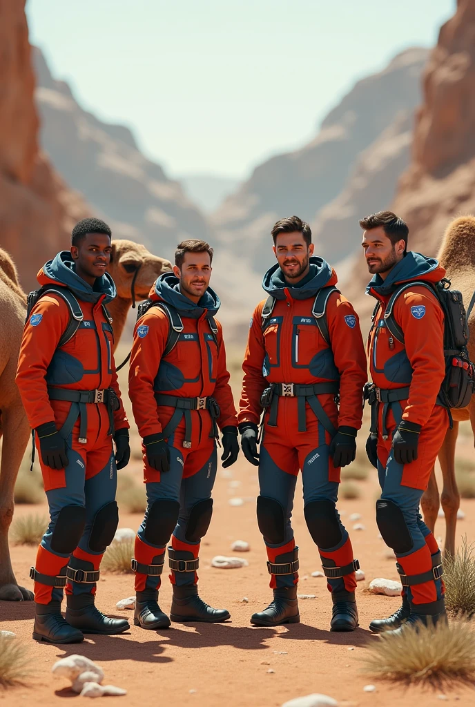 Five personnel wearing NASA uniforms stand on the island, ultra fine detailed, Adult male, Dressed in uniform, clear weather
