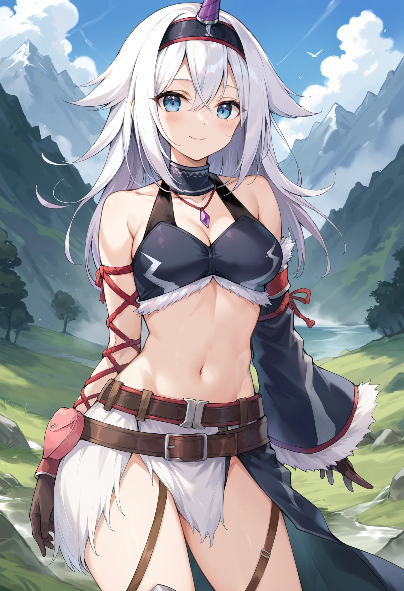 ( score_9:0.9), score_8_up, score_7_up,rating_explicit, anime style,(zPDXL), r armor, purple single horn headband, ung_girl, Alone, long_gloves, black_knee_high , white_long_hair, shaggy_bang,Blue Eyes, under the arm, arms, medium_breasts , black_tubetop,mountain_background,wide_shawl, Detachable_long_Sleeves,(abs:0.6),white_fur_waste_armor,smile,(crotch_curtain),