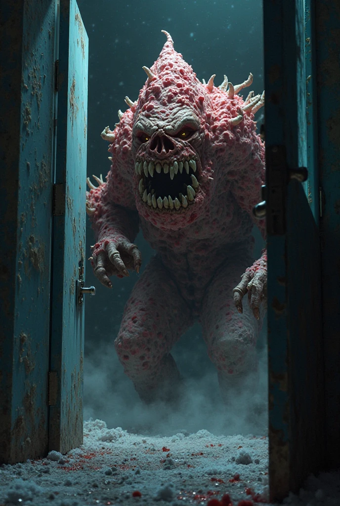 A humanoid monster made of candy runs to the camera, Perspectives, The monster is in an abandoned and dirty corridor, There were several people lying on the floor of the corridor, Horror movie style, Camera DSLR camera, A high resolution, 4K